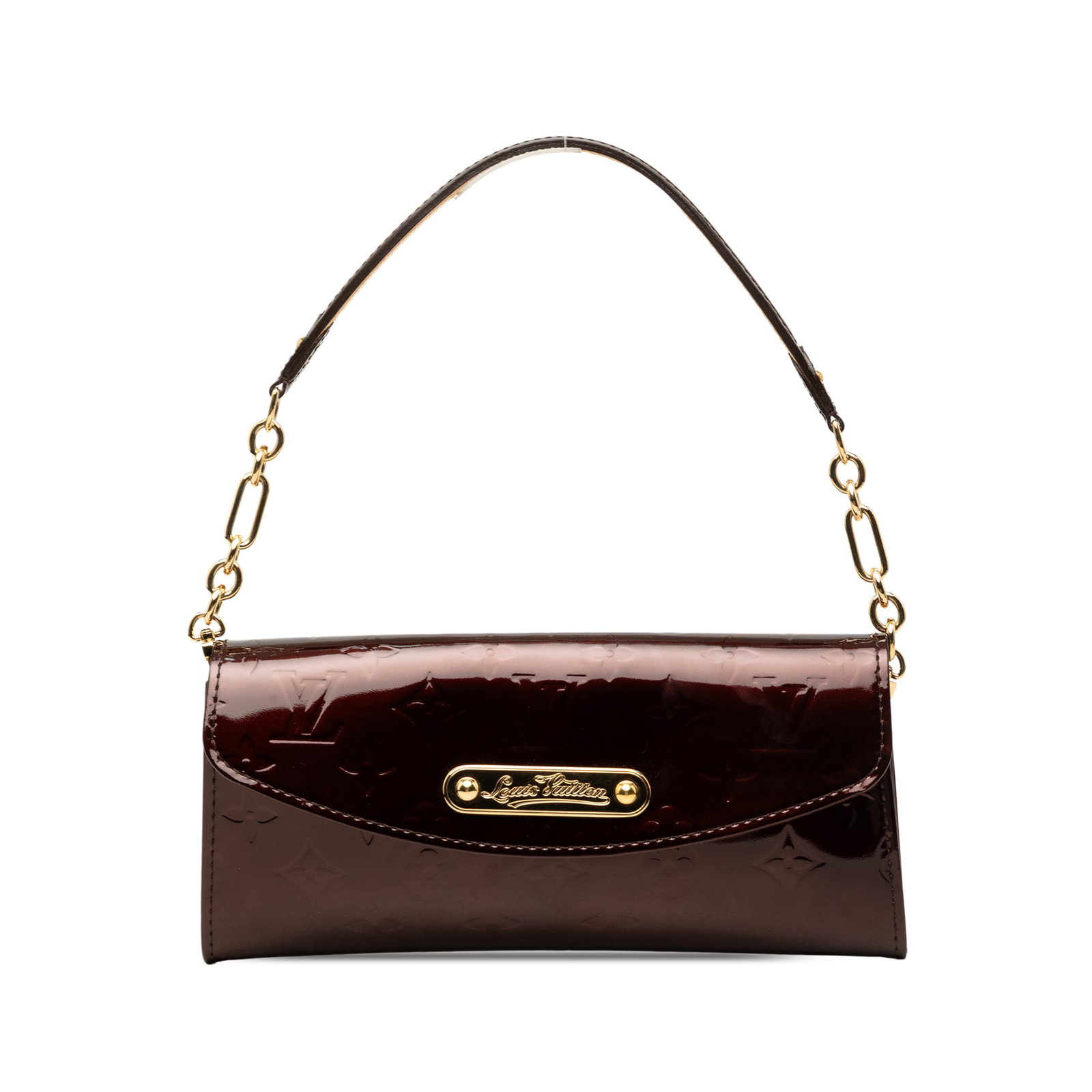 Louis Vuitton Sunset Boulevard Monogram Vernis Leather Shoulder Bag: Louis Vuitton Sunset Boulevard Monogram Vernis Leather Shoulder Bag This Louis Vuitton Monogram Vernis Sunset Boulevard bag is crafted in purple vernis leather with a chain and leather strap. The desi