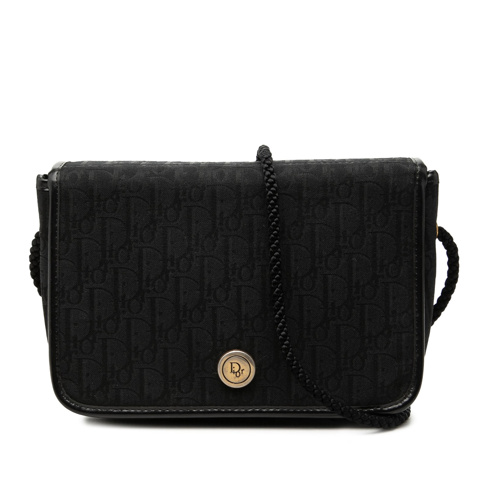 Dior Diorissimo Trotter canvas crossbody bag with flap: Dior Diorissimo Trotter canvas crossbody bag with flap Dior Diorissimo Trotter flap crossbody bag in black fabric with leather trim and a braided strap. The design features a front flap with snap clos