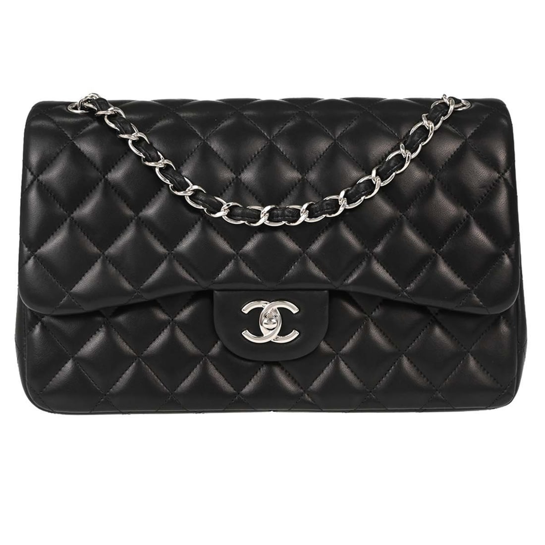 CHANEL Classic Double Flap Jumbo Shoulder Bag Black Lambskin: CHANEL Classic Double Flap Jumbo Shoulder Bag Black Lambskin Chanel Jumbo Classic Double Flap shoulder bag in black lambskin leather with a turn-lock closure, red lining, and shoulder strap. This larg
