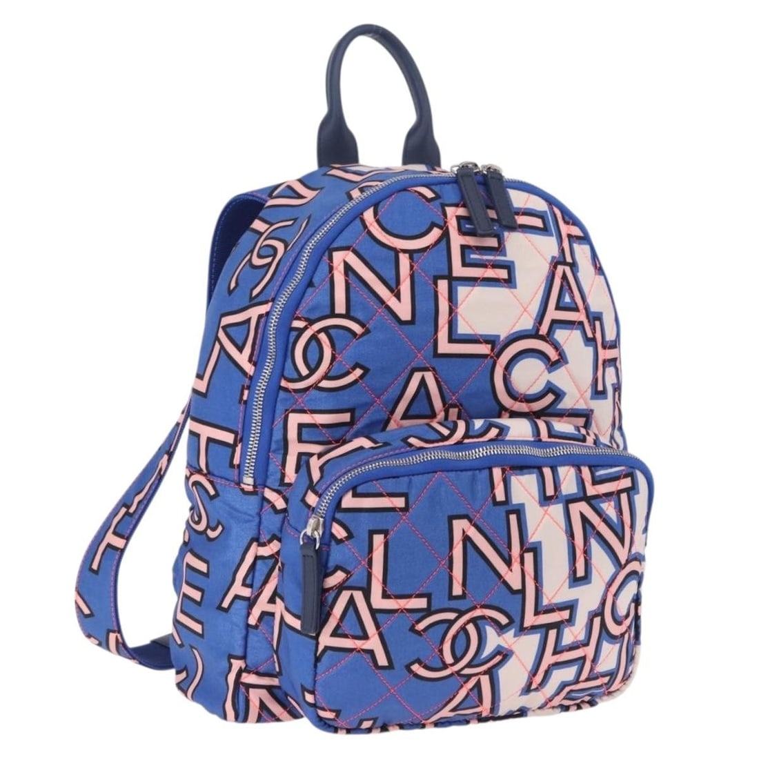 CHANEL Blue Nylon Backpack with Silver CC Italy: CHANEL Blue Nylon Backpack with Silver CC Italy Blue nylon matelasse backpack with silver-tone CC detailing. This women's backpack is made in Italy and comes with the item only; box and dust bag are n