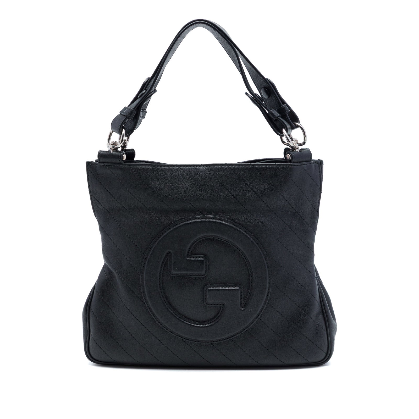 Gucci Blondie Small Leather Satchel with Diagonal Stitching: Gucci Blondie Small Leather Satchel with Diagonal Stitching Gucci Blondie satchel crafted in diagonal stitched calfskin leather with a quilted body and black finish. This satchel features flat leather