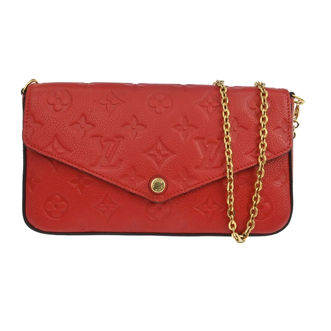 Louis Vuitton Pochette Felicie M64065 Red Empreinte Leather Crossbody: Louis Vuitton Pochette Felicie M64065 Red Empreinte Leather Crossbody Louis Vuitton Pochette Felicie in red Monogram Empreinte leather with a crossbody strap and gold-plated hardware. This vintage wom