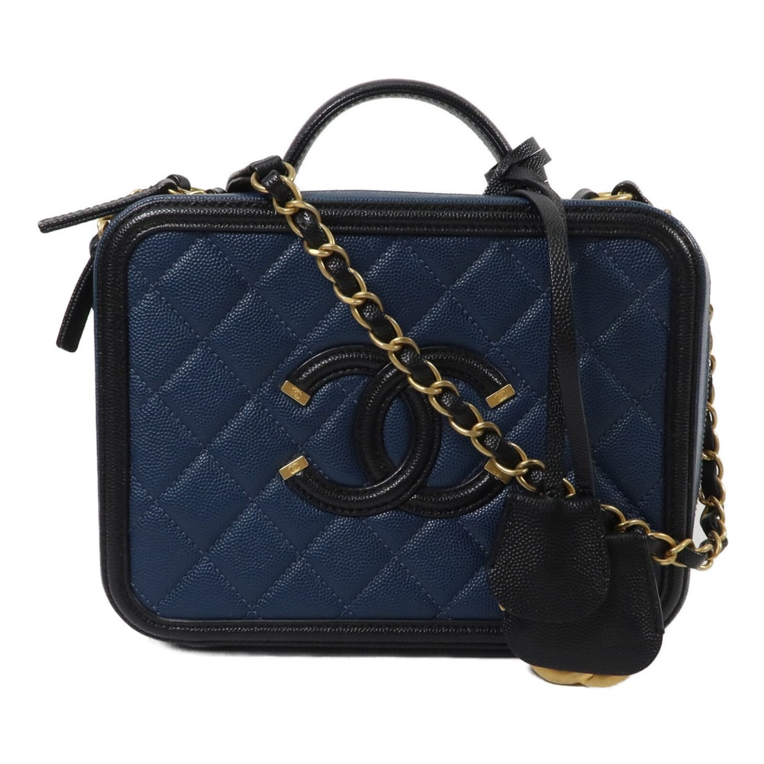 CHANEL CC Filigree Medium Vanity Case Blue Calfskin 2way Shoulder Bag: CHANEL CC Filigree Medium Vanity Case Blue Calfskin 2way Shoulder Bag Medium Chanel CC Filigree vanity case in blue calfskin leather with a 2-way shoulder bag design. The bag features a zip closure, t