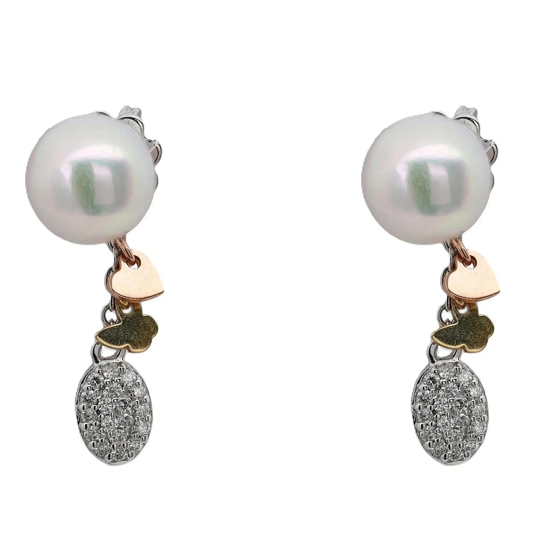 Multi-Tone Gold Salvini Drop Earrings with Pearls and Diamonds 0.21ctw: Multi-Tone Gold Salvini Drop Earrings with Pearls and Diamonds 0.21ctw These Salvini drop earrings feature round white pearls complemented by pave-set round cut diamonds in an elegant oval design, wit