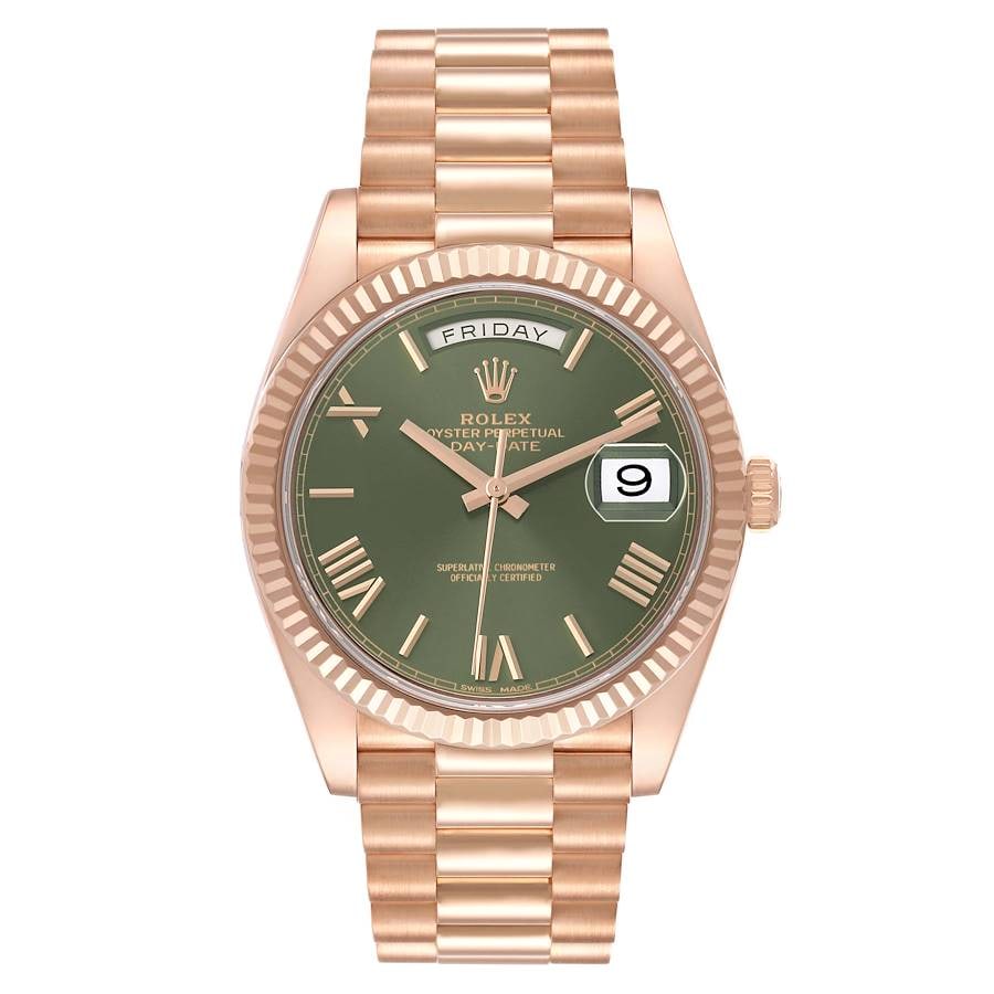 2021 Rolex 228235 Day-Date Mens Watch Olive Roman Dial President Bracelet: 2021 Rolex 228235 Day-Date Mens Watch Olive Roman Dial President Bracelet Rolex Day-Date wristwatch featuring an olive green Roman dial, fluted bezel, and President bracelet. This 2021 example is iden