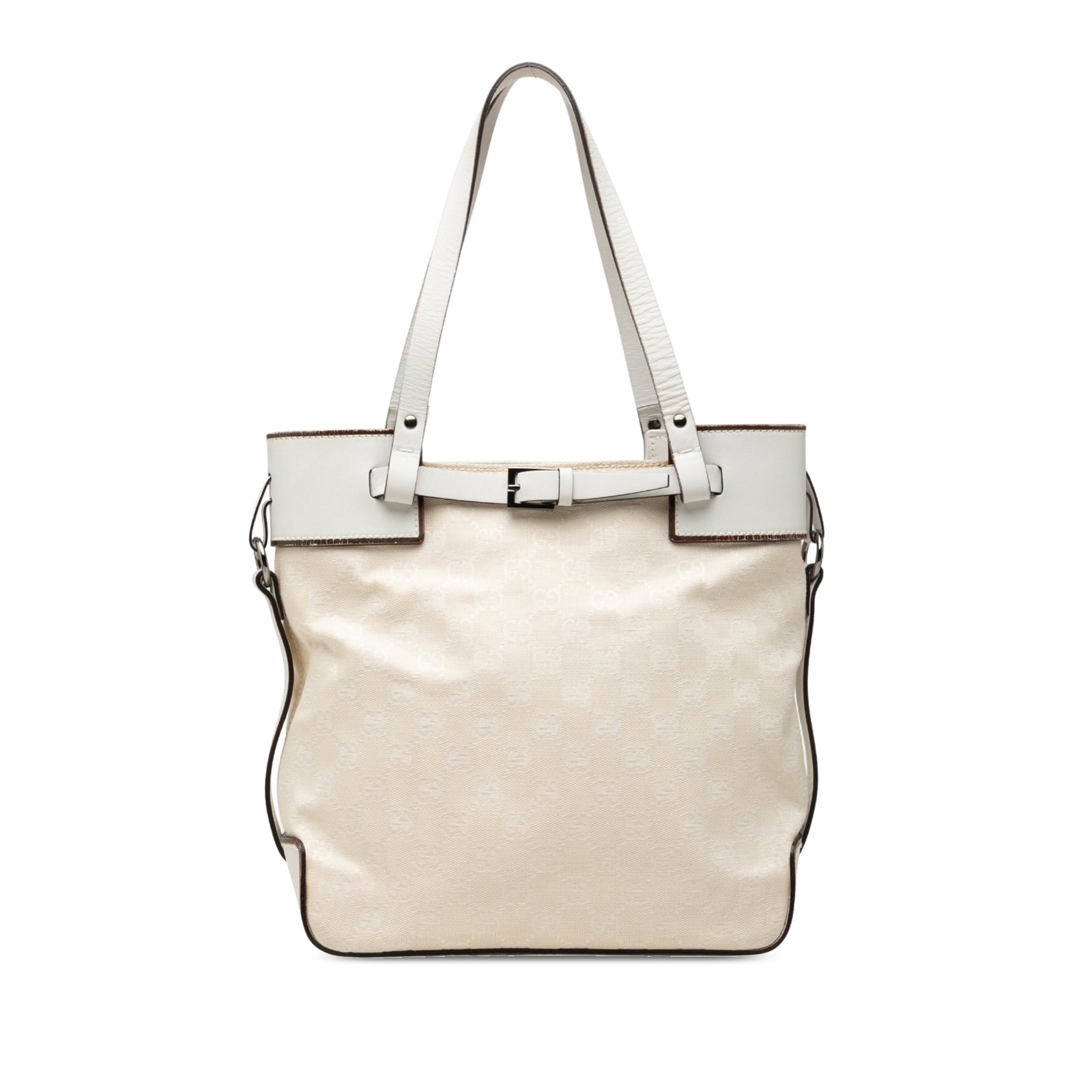 Gucci GG Canvas Tote Bag White Fabric Leather Trim: Gucci GG Canvas Tote Bag White Fabric Leather Trim Gucci GG Canvas Tote in white with a canvas body, leather trim, flat leather handles, an open top, and an interior zip pocket. Includes dust bag. Con