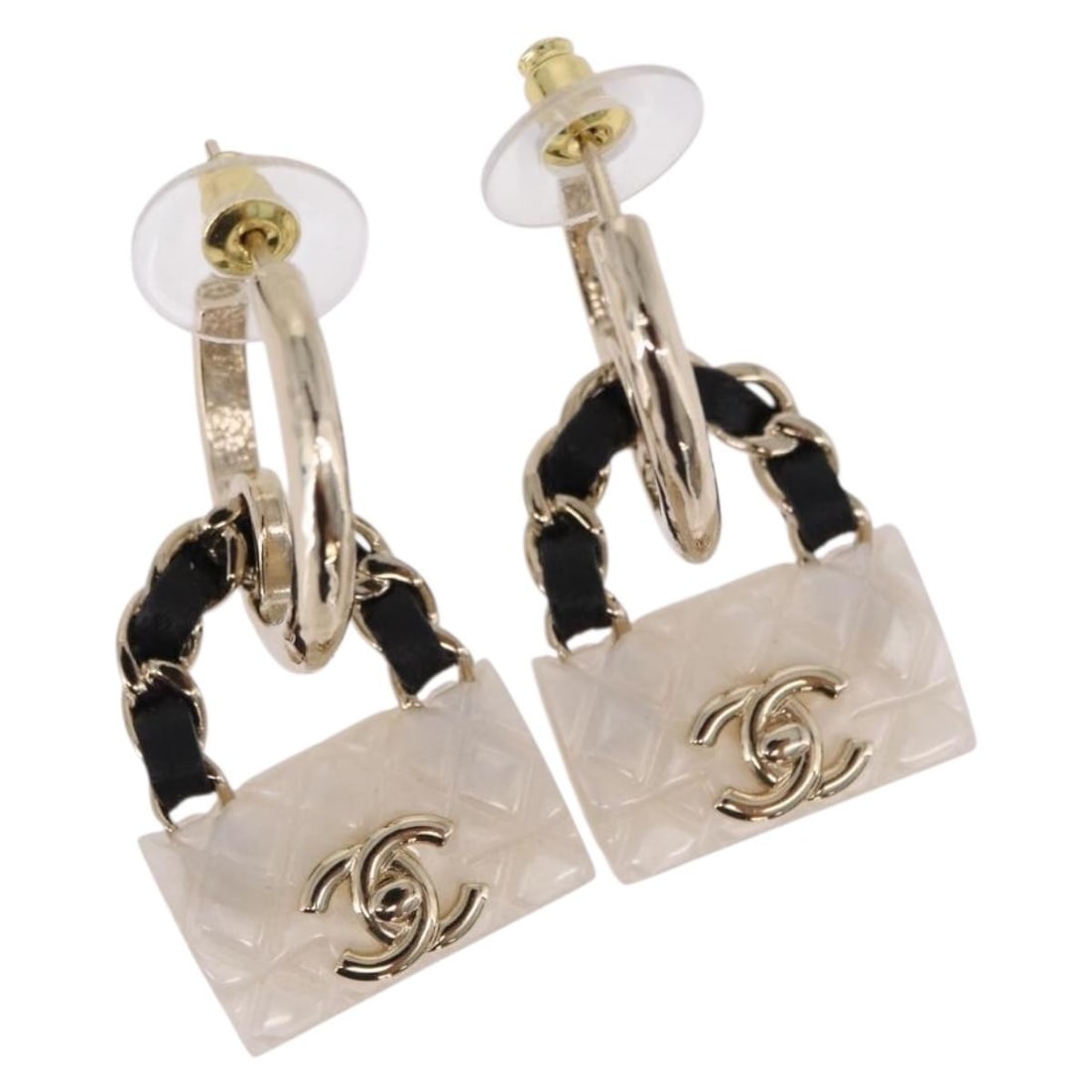 CHANEL COCO Mark Hoop Earring White Gold Tone Metal: CHANEL COCO Mark Hoop Earring White Gold Tone Metal Chanel COCO Mark hoop earring in white and gold-tone metal. Made in Italy, this women's earring comes with its item box and is noted to be in pristi