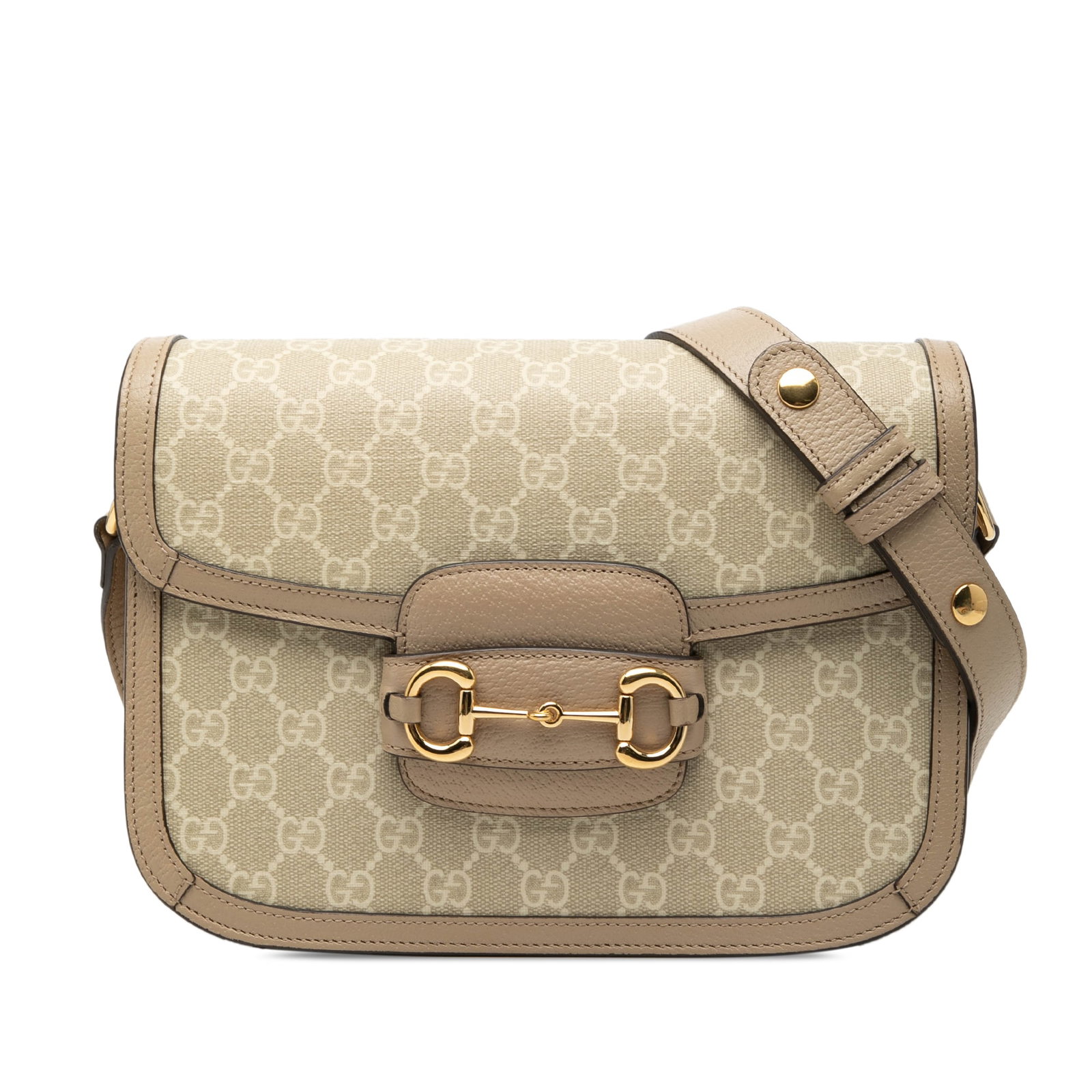 Gucci Horsebit 1955 Medium GG Supreme Crossbody Bag: Gucci Horsebit 1955 Medium GG Supreme Crossbody Bag Gucci Medium GG Supreme Horsebit 1955 shoulder bag in beige coated canvas with leather trim. This bag features an adjustable flat leather shoulder s