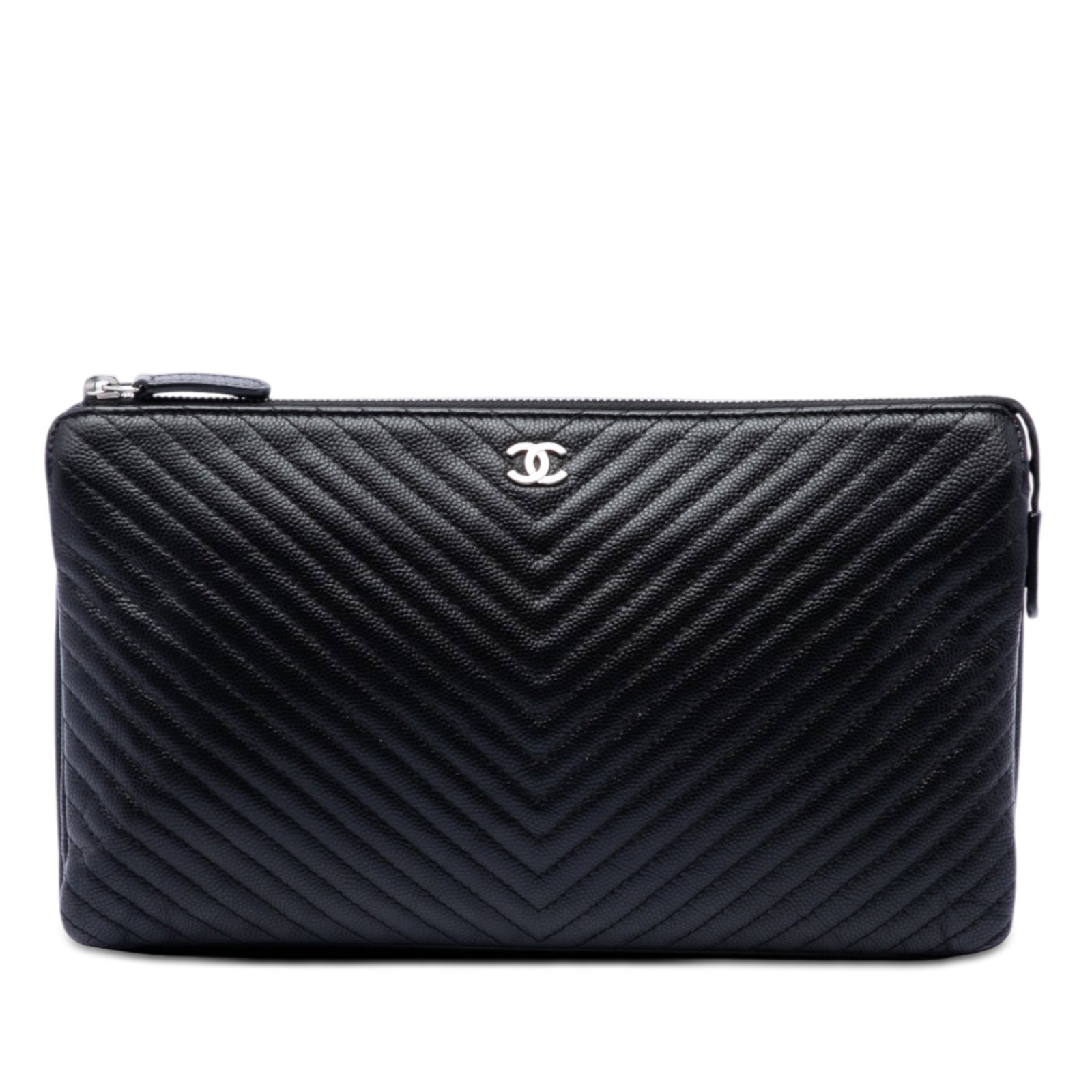 Chanel CC Chevron Caviar Leather Zip Clutch Bag Black: Chanel CC Chevron Caviar Leather Zip Clutch Bag Black Chanel CC Chevron Caviar Zip Clutch in black leather with a quilted body, top zip closure, and interior zip and slip pockets. Made in Italy. Condi