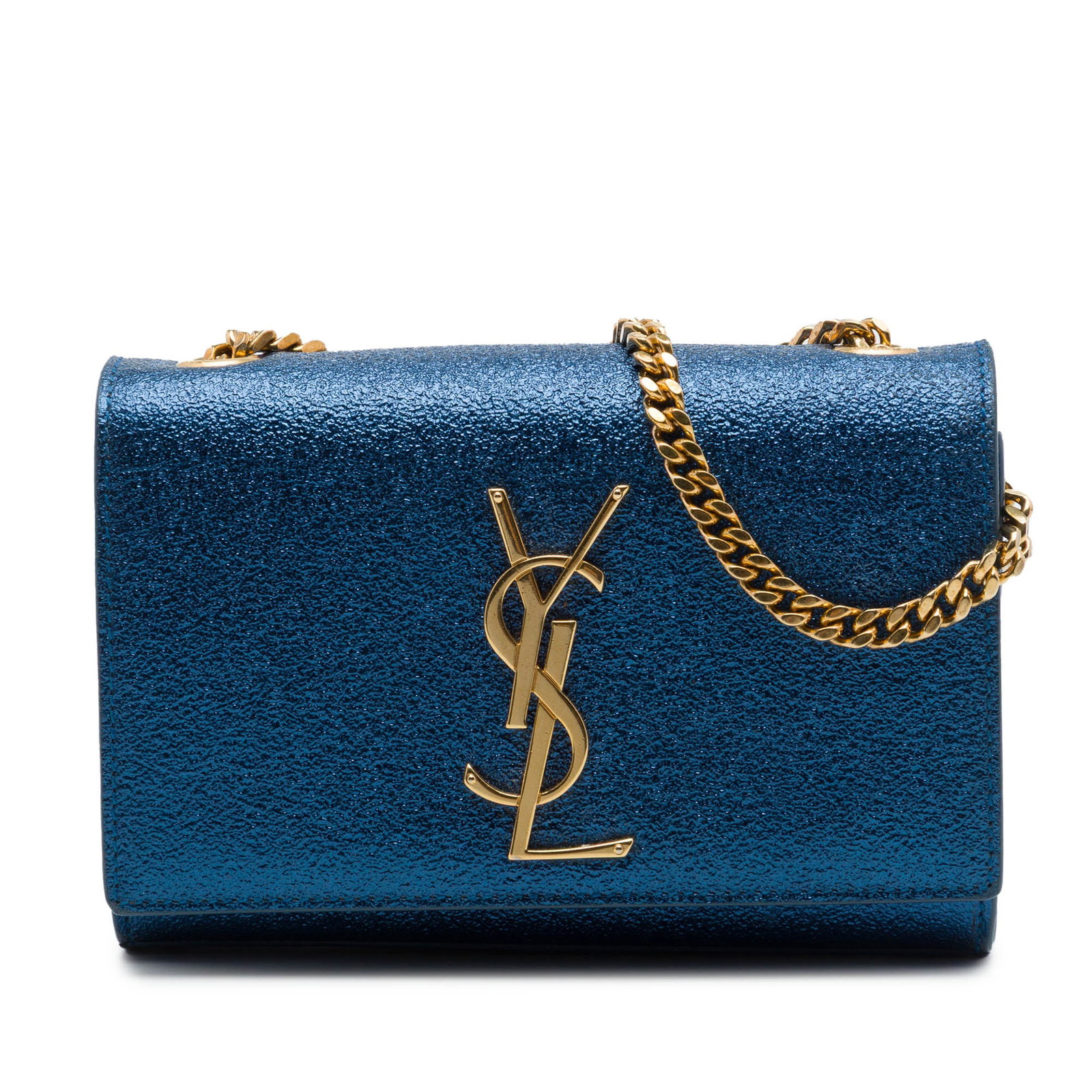 Saint Laurent Kate Small Metallic Calfskin Leather Crossbody Bag: Saint Laurent Kate Small Metallic Calfskin Leather Crossbody Bag A Saint Laurent Small Metallic Calfskin Classic Monogram Kate Crossbody in blue leather with the signature front flap design, metal YSL
