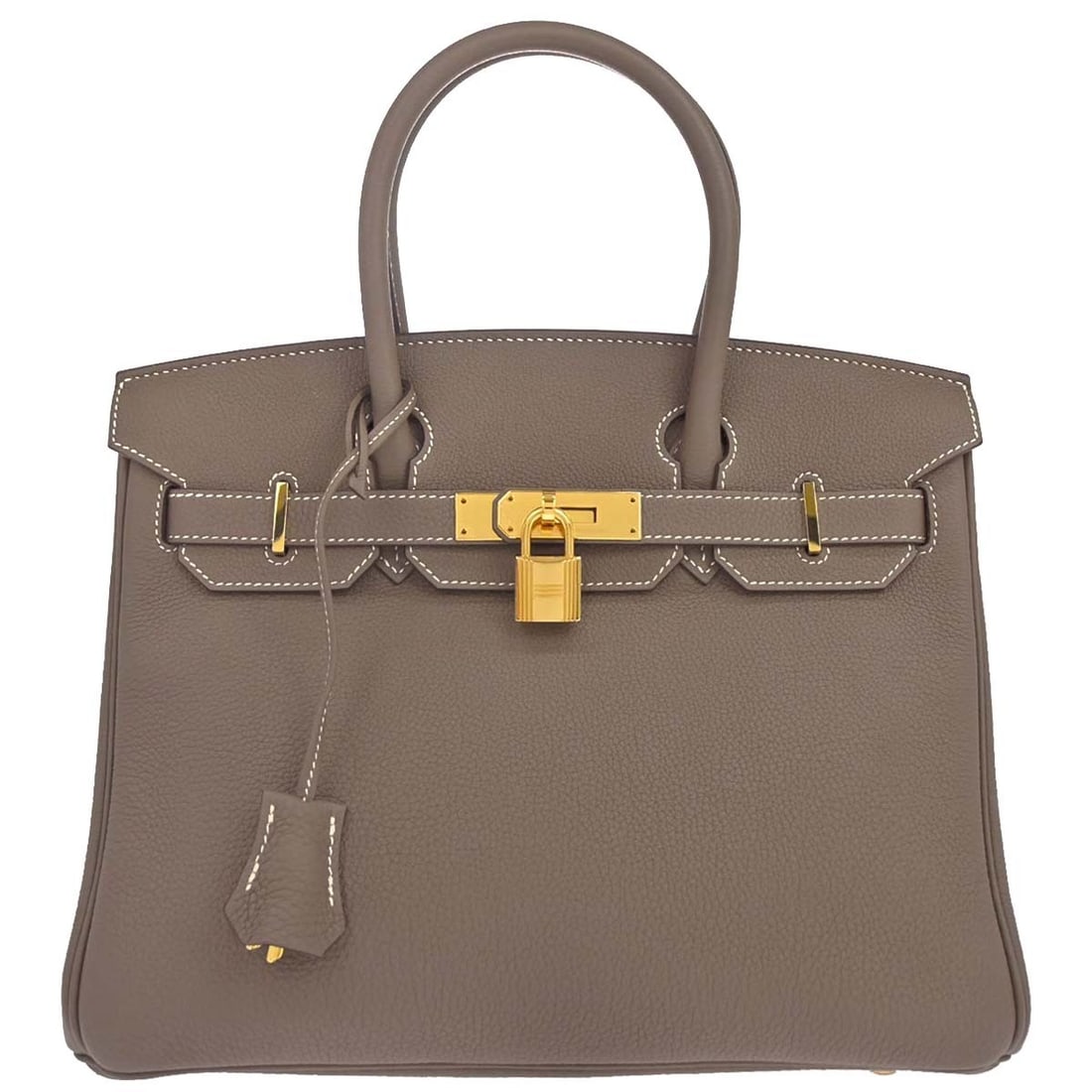 HERMES Birkin 30 Togo Leather Top Handle Bag Etoupe Gray: HERMES Birkin 30 Togo Leather Top Handle Bag Etoupe Gray Hermes Birkin 30 handbag in Etoupe gray Togo leather with double handles, leather lining, and lock accent. This top handle bag is made in Franc