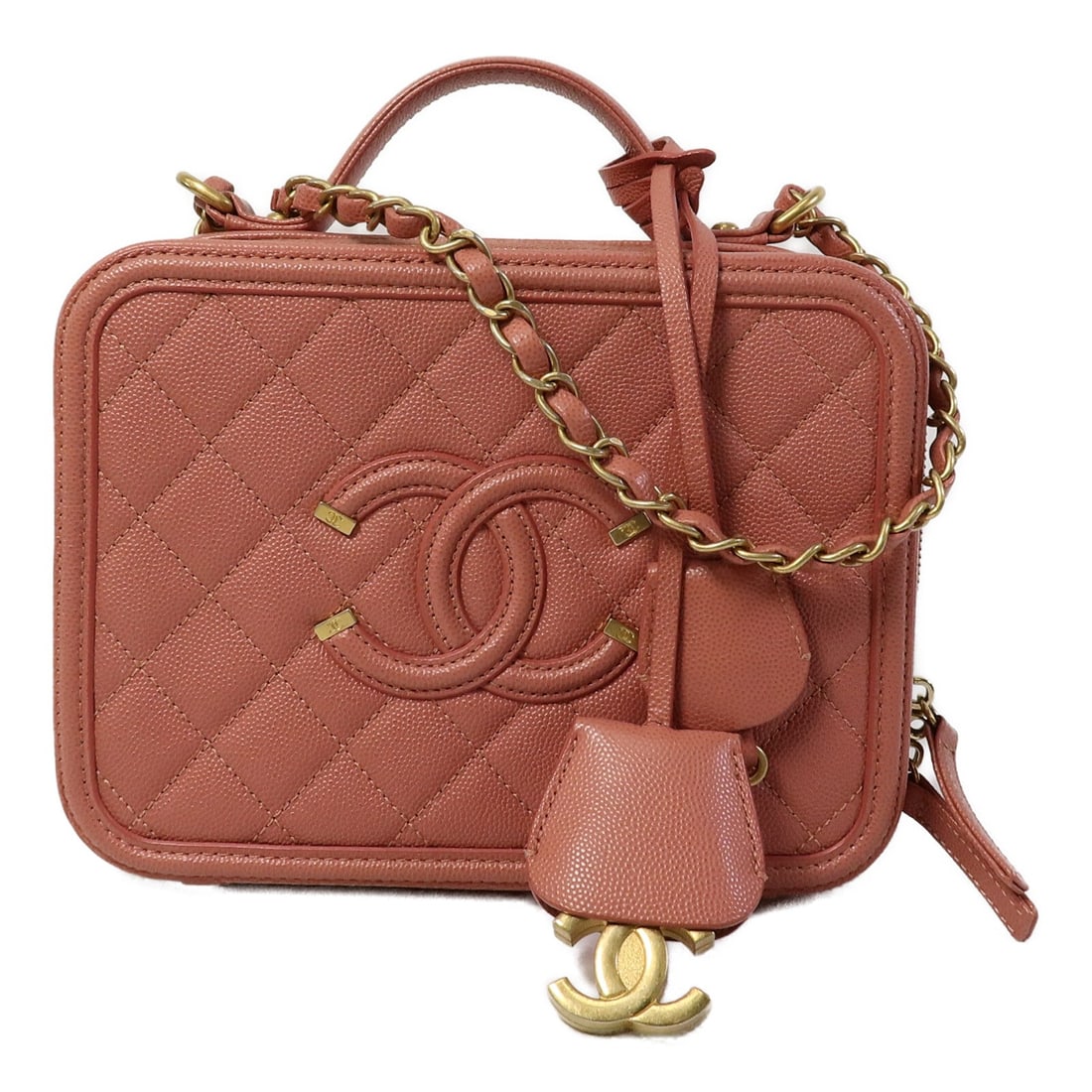 CHANEL Vanity Case 2way Shoulder Bag Pink Calfskin CC GHW: CHANEL Vanity Case 2way Shoulder Bag Pink Calfskin CC GHW CHANEL 2-way shoulder vanity case in pink calfskin (cowhide) leather. The bag features gold-tone hardware, a fastener closure, and two inside 