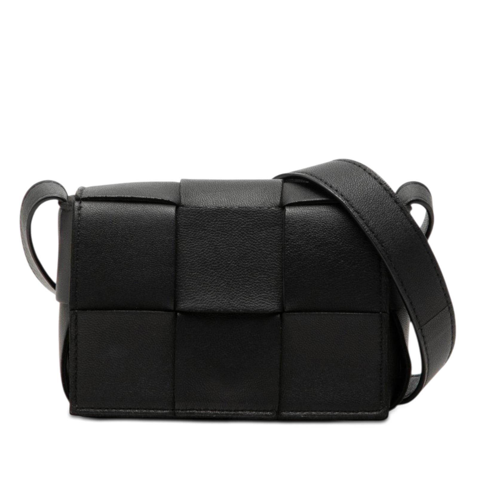Bottega Veneta Cassette Extra Mini black woven nappa crossbody bag: Bottega Veneta Cassette Extra Mini black woven nappa crossbody bag A compact Bottega Veneta crossbody bag crafted in black woven nappa leather with the Maxi Intrecciato design. It features a flat leat