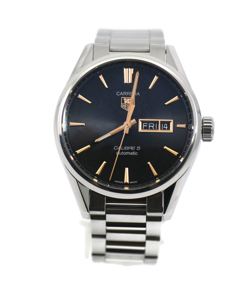 TAG Heuer Carrera men's automatic wristwatch stainless steel WAR201C: TAG Heuer Carrera men's automatic wristwatch stainless steel WAR201C Pre-owned TAG Heuer Carrera men's wristwatch with a black analog dial, smooth silver-tone bezel, and polished round stainless steel