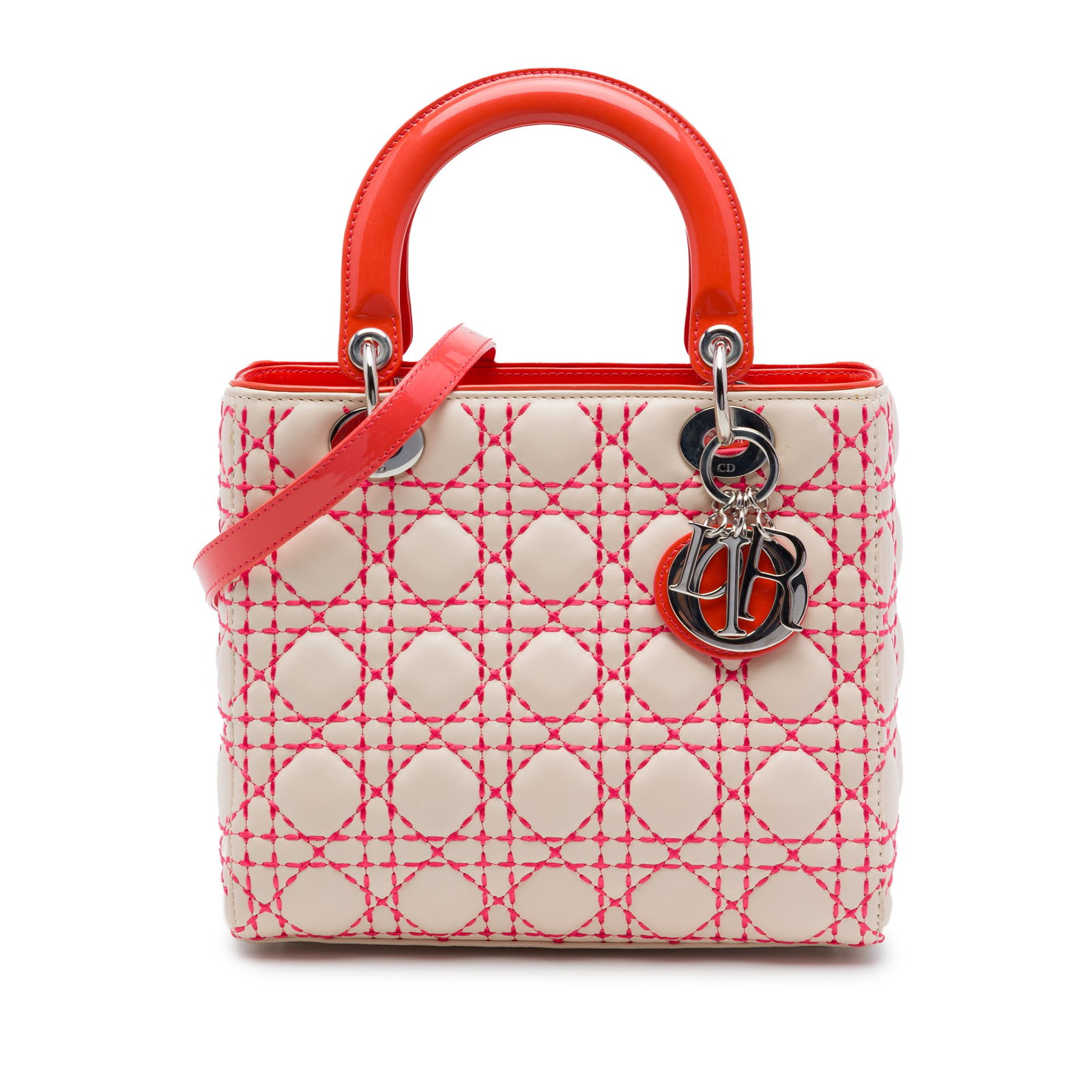 Dior Lady Dior Medium Beige Lambskin Cannage Handbag: Dior Lady Dior Medium Beige Lambskin Cannage Handbag Medium Lady Dior handbag crafted in beige lambskin leather with Cannage stitching. It features flat leather top handles, a detachable flat strap, a