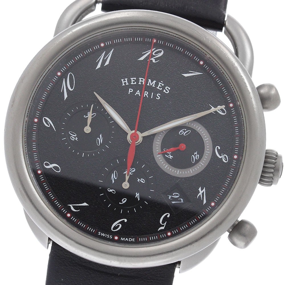 Hermes Arceau AR3.941 mens automatic chronograph titanium watch: Hermes Arceau AR3.941 mens automatic chronograph titanium watch Hermes Arceau Chronograph men's wristwatch with an automatic movement and black dial. This watch features a titanium case, date display,