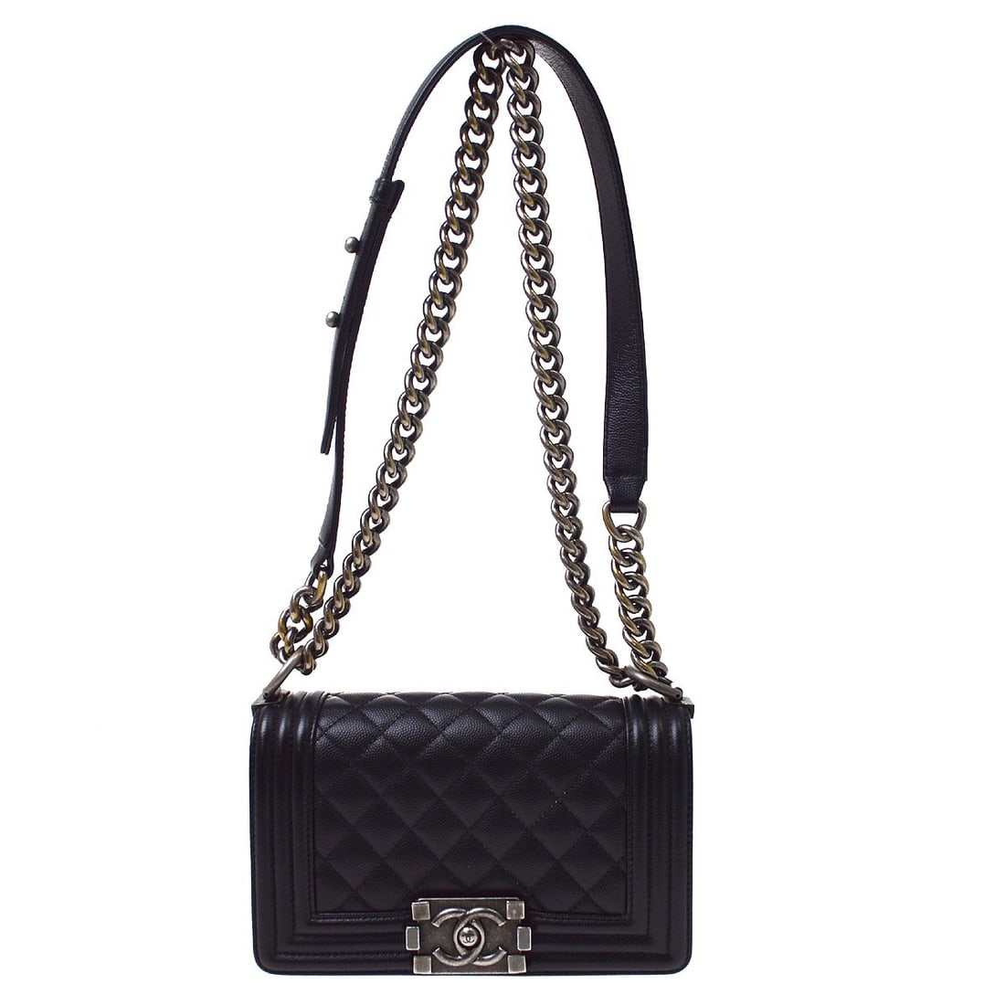 CHANEL Boy Chanel Mini Black Caviar Leather Shoulder Bag: CHANEL Boy Chanel Mini Black Caviar Leather Shoulder Bag Chanel Boy Chanel small chain shoulder bag in black caviar skin leather with a clasp flap closure and fabric lining. This women's shoulder bag 