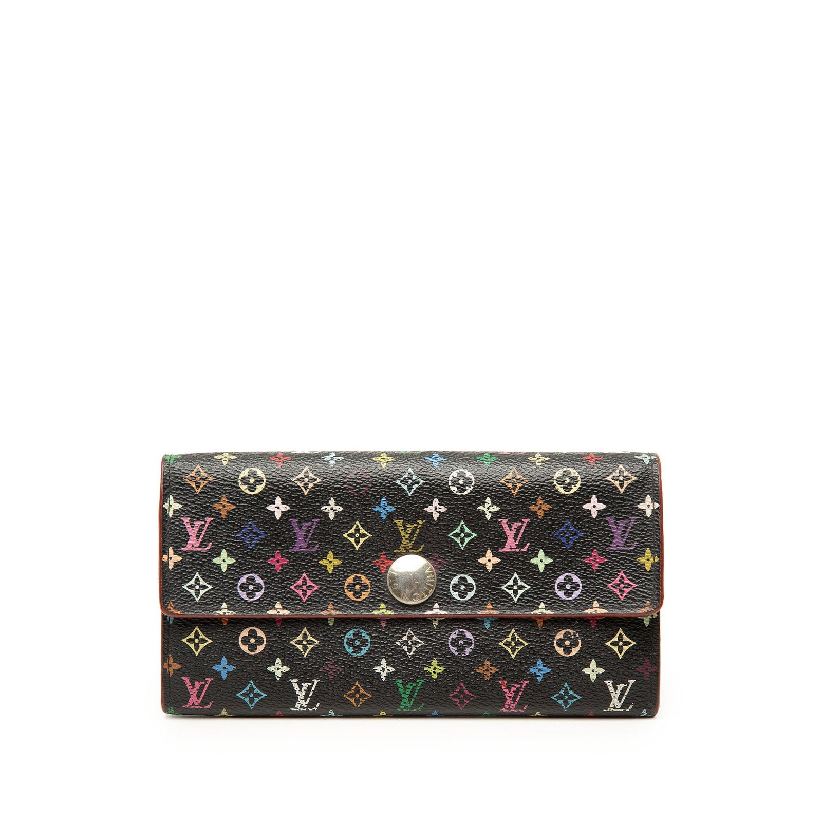 Louis Vuitton Sarah Wallet in Black Monogram Multicolore Canvas: Louis Vuitton Sarah Wallet in Black Monogram Multicolore Canvas Louis Vuitton Monogram Multicolore Sarah wallet in black with a front flap snap closure, interior zip compartment, and slip compartments