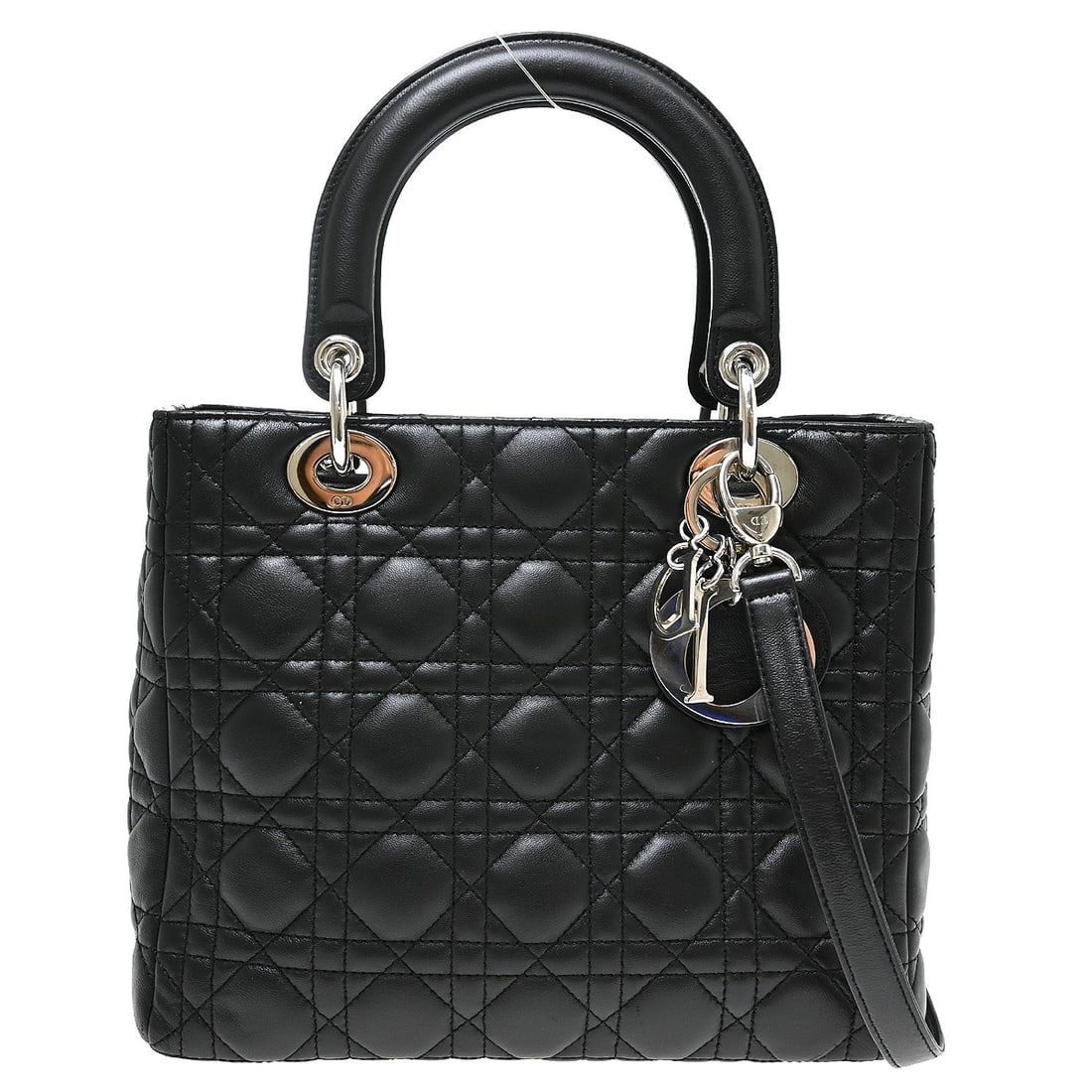 Dior Lady Dior Cannage lambskin satchel with shoulder strap black: Dior Lady Dior Cannage lambskin satchel with shoulder strap black Christian Dior Lady Dior Cannage 2-way handbag in black lambskin with quilted detailing. This medium satchel features double handles, 