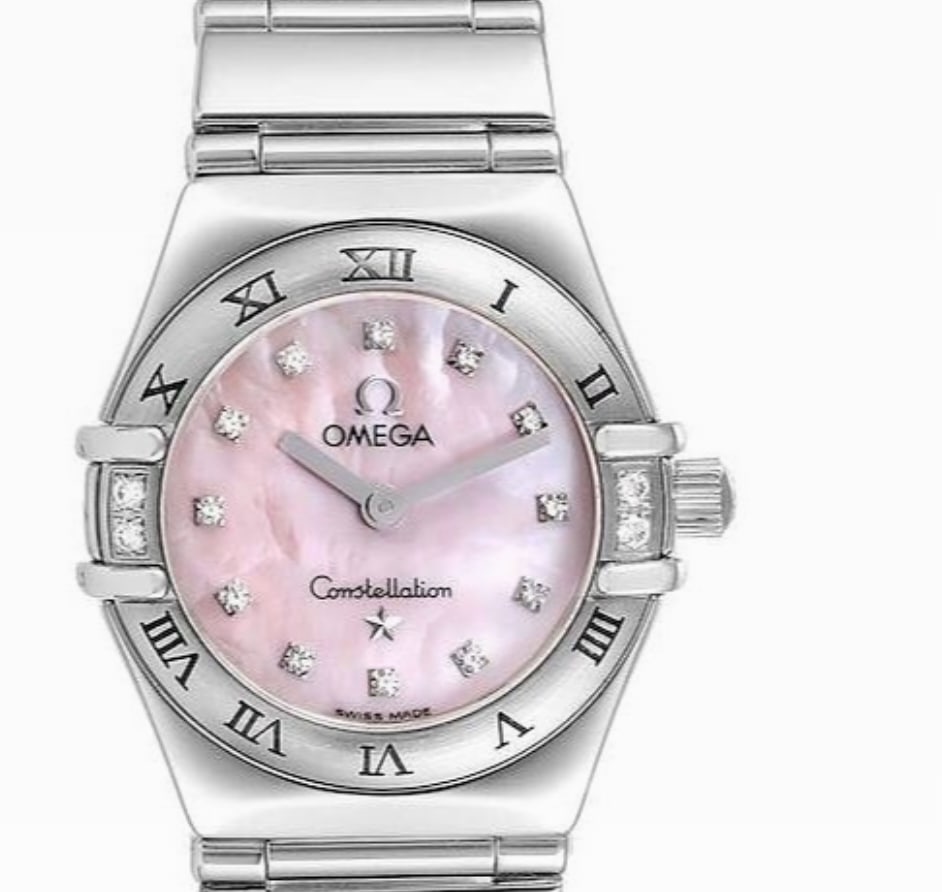 Omega Constellation Ladies Watch Ref. 1566.66.00 Pink MOP Diamond Dial Card: Omega Constellation Ladies Watch Ref. 1566.66.00 Pink MOP Diamond Dial Card Omega Constellation ladies wristwatch featuring a pink mother-of-pearl diamond dial, a fixed bezel with Roman numerals, and 