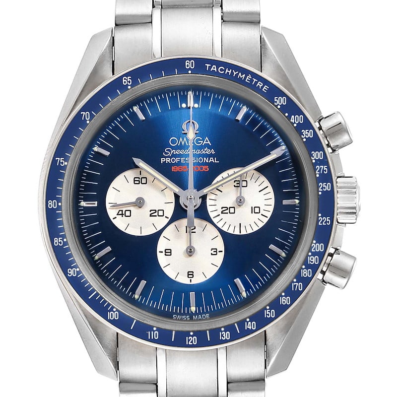 Omega Speedmaster Gemini IV 40th Anniversary Watch Blue Dial Steel Bracelet: Omega Speedmaster Gemini IV 40th Anniversary Watch Blue Dial Steel Bracelet Omega Speedmaster Gemini IV 40th Anniversary wristwatch with a blue dial, fixed tachymeter bezel, and stainless steel bracel