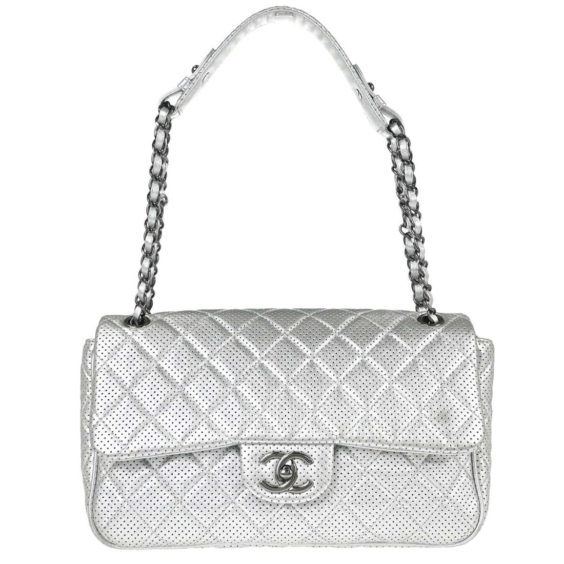 CHANEL Caviar medium silver perforated lambskin turnlock handbag: CHANEL Caviar medium silver perforated lambskin turnlock handbag Chanel silver perforated lambskin handbag made in Italy. It features a turnlock closure, double handles, leather lining, black hardware