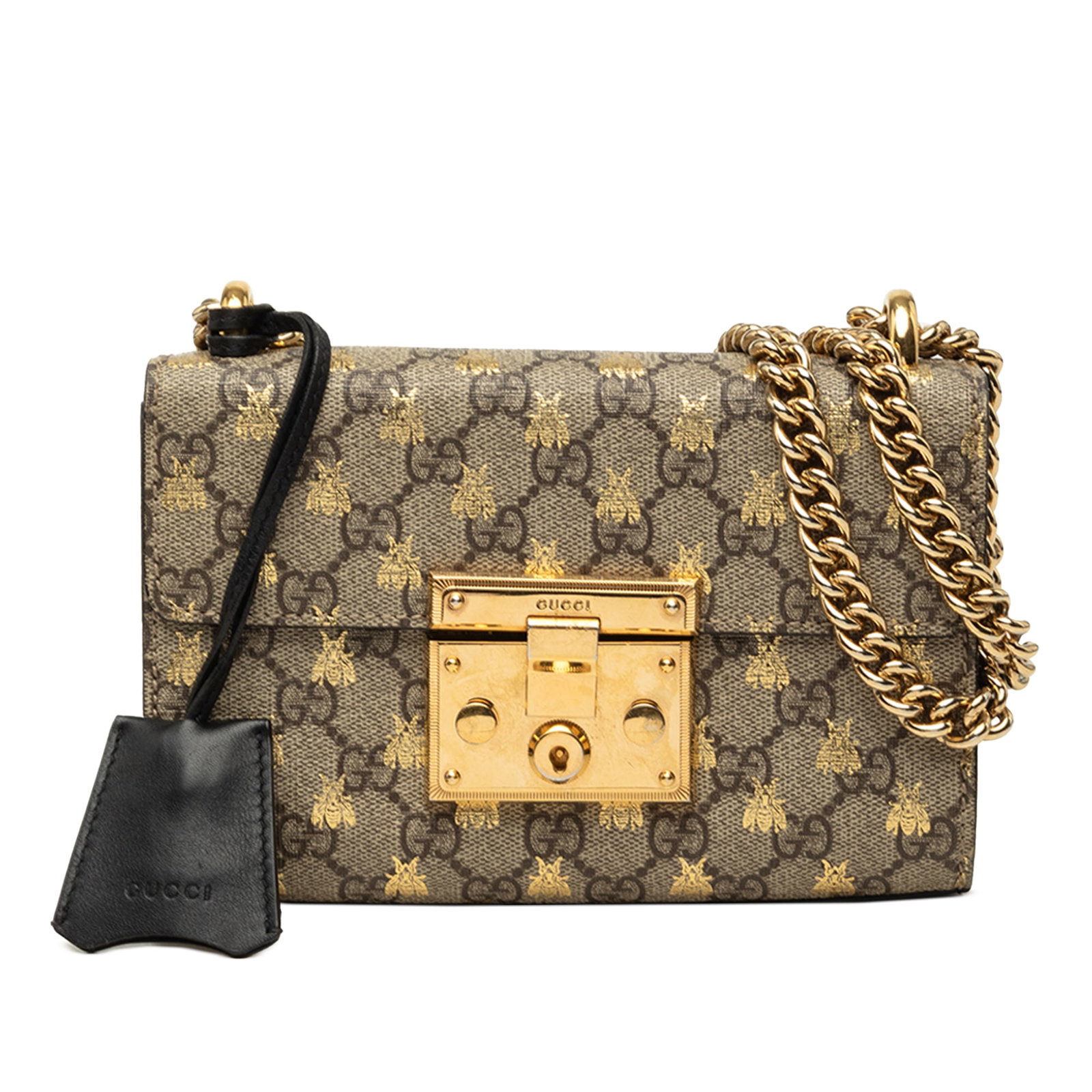 Gucci Padlock Bee GG Supreme Small Crossbody Bag: Gucci Padlock Bee GG Supreme Small Crossbody Bag A Gucci Small GG Supreme Bee Padlock Crossbody crafted with a printed coated canvas body and gold-tone chain link straps. The bag features a front flap