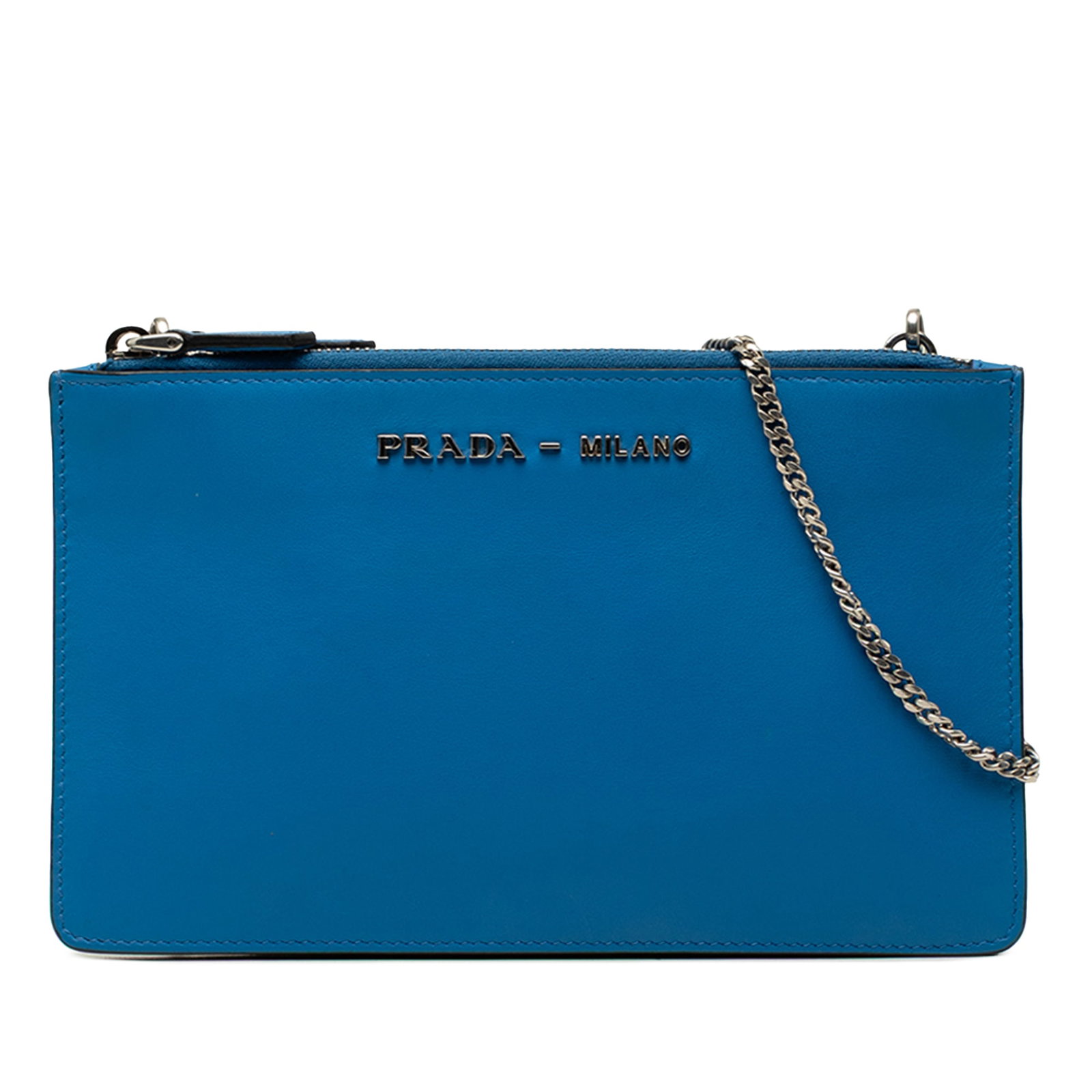 Prada City Calf leather crossbody bag with double zip: Prada City Calf leather crossbody bag with double zip Prada City Calf Double Zip Crossbody in blue leather with a chain link shoulder strap and two top-zip compartments. The interior includes slip poc