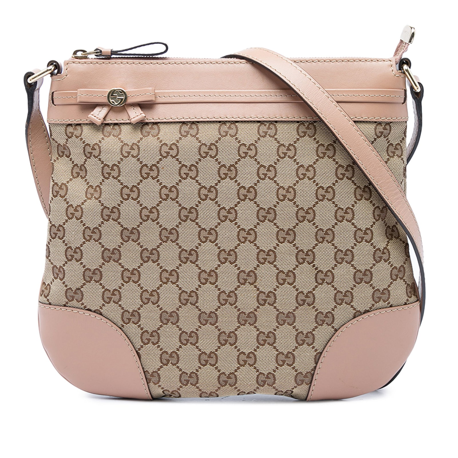 Gucci Mayfair GG Canvas Crossbody Bag with Leather Trim: Gucci Mayfair GG Canvas Crossbody Bag with Leather Trim Gucci GG Canvas Mayfair Crossbody in beige canvas with leather trim and ribbon detail at the top panel. This crossbody bag features a flat leath