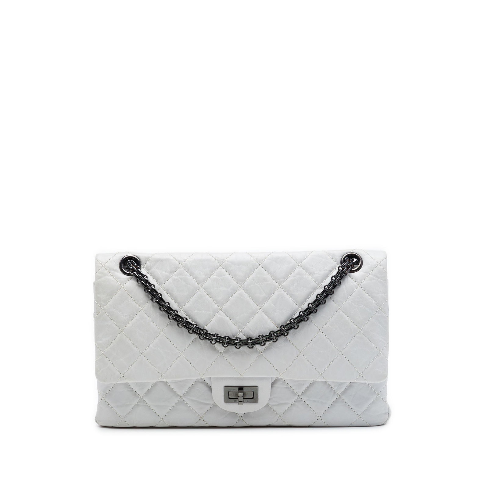 Chanel Reissue 2.55 226 Quilted Aged Calfskin Double Flap Bag: Chanel Reissue 2.55 226 Quilted Aged Calfskin Double Flap Bag A Chanel Reissue 2.55 Double Flap 226 handbag in white quilted aged calfskin. This bag features chain link shoulder straps, a double front