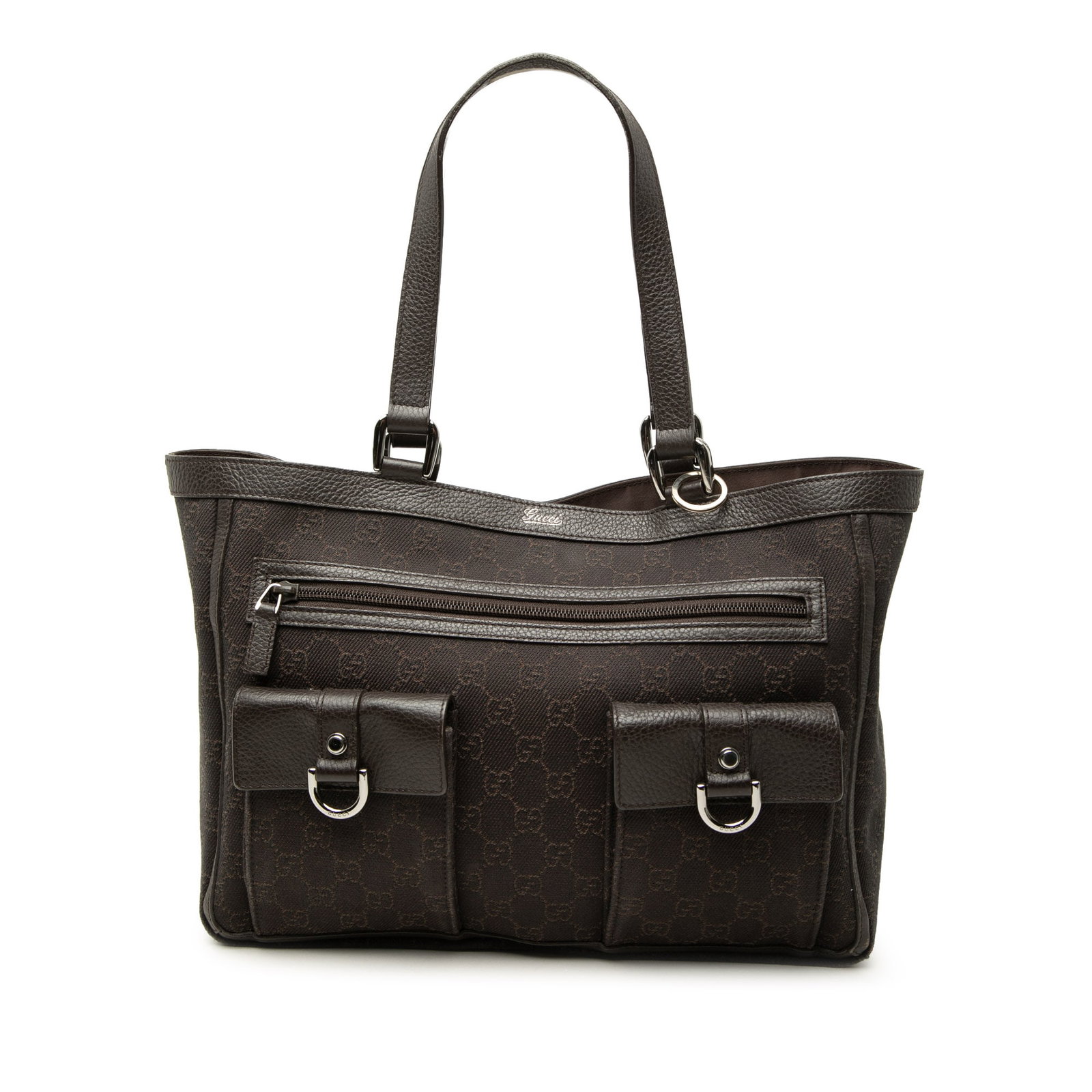 Gucci Abbey D Ring Pocket Tote in GG Denim: Gucci Abbey D Ring Pocket Tote in GG Denim Gucci Abbey D-Ring tote bag crafted with a denim body and leather trim. This tote features flat leather straps, an open top with magnetic closure, front exte