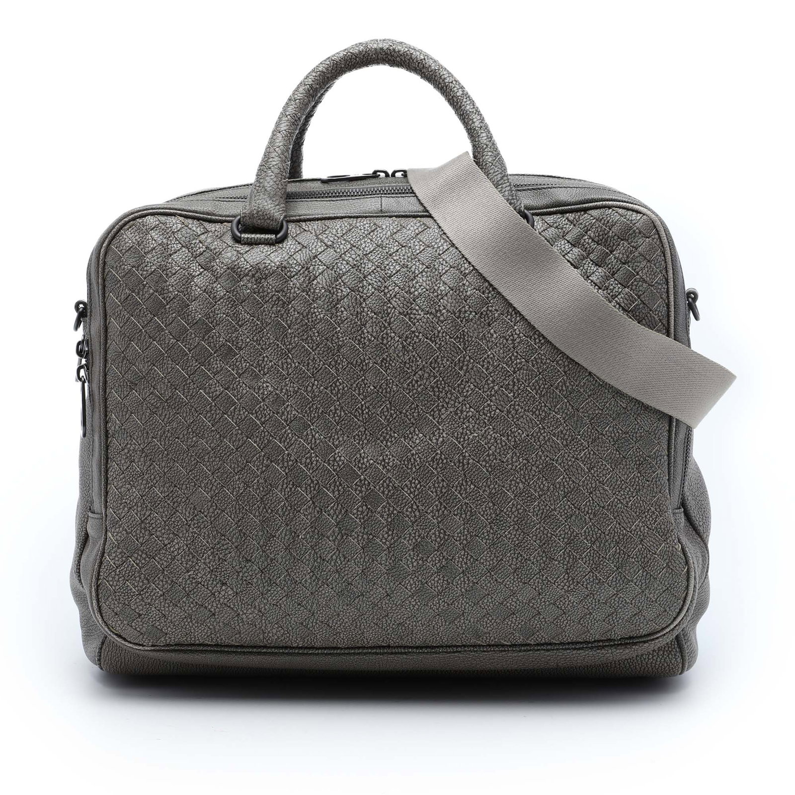 Gray Leather Business Bag Bottega Veneta Intrecciato: Gray Leather Business Bag Bottega Veneta Intrecciato A Bottega Veneta business bag crafted in grained calfskin leather with the brand's Intrecciato woven design. It features rolled leather handles, an