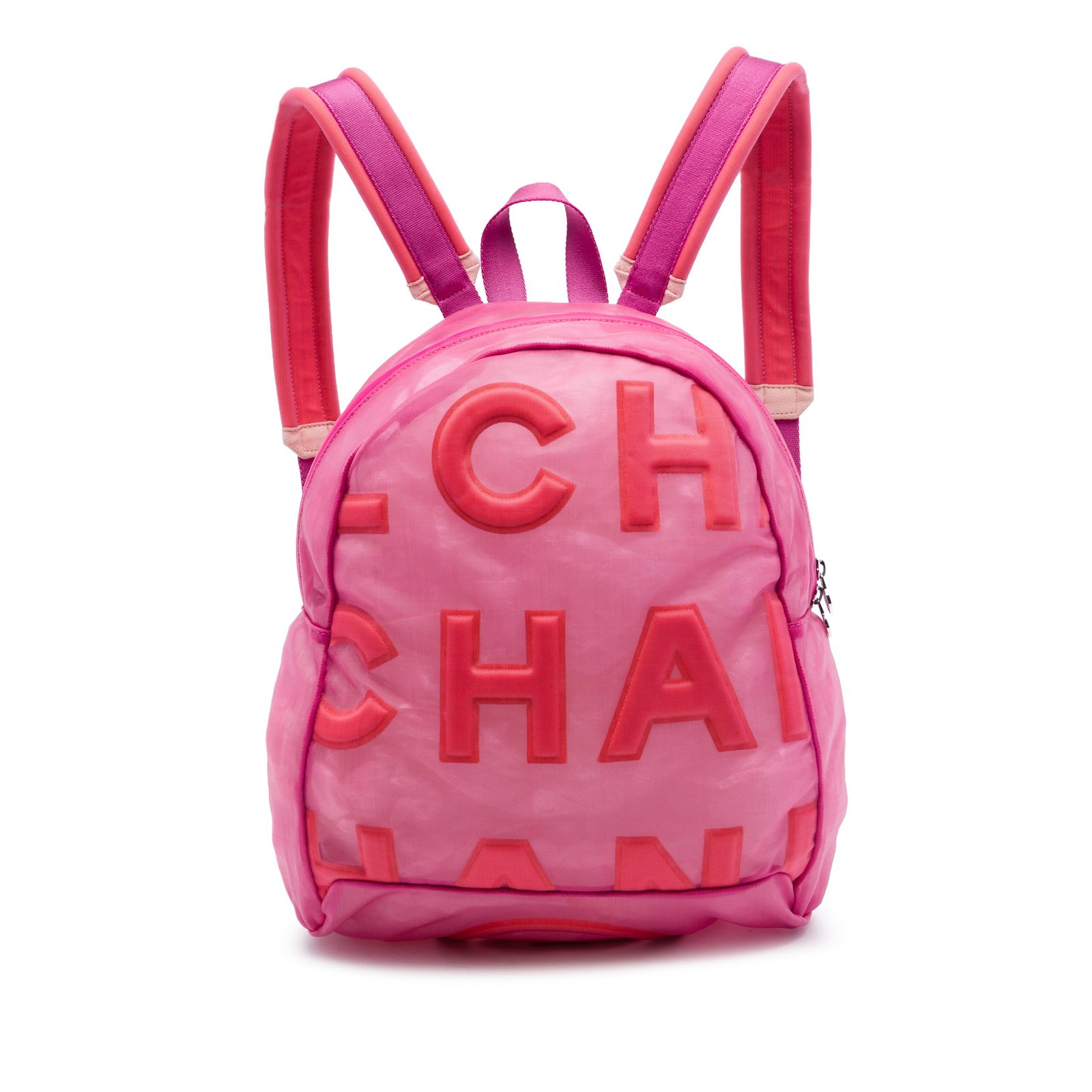 Chanel Doudoune Mesh Backpack with Logo Pink Fabric: Chanel Doudoune Mesh Backpack with Logo Pink Fabric A Chanel Doudoune backpack in pink mesh with a top zip closure, flat top handle, and adjustable back straps. Made in Italy. Condition is B+ with vis