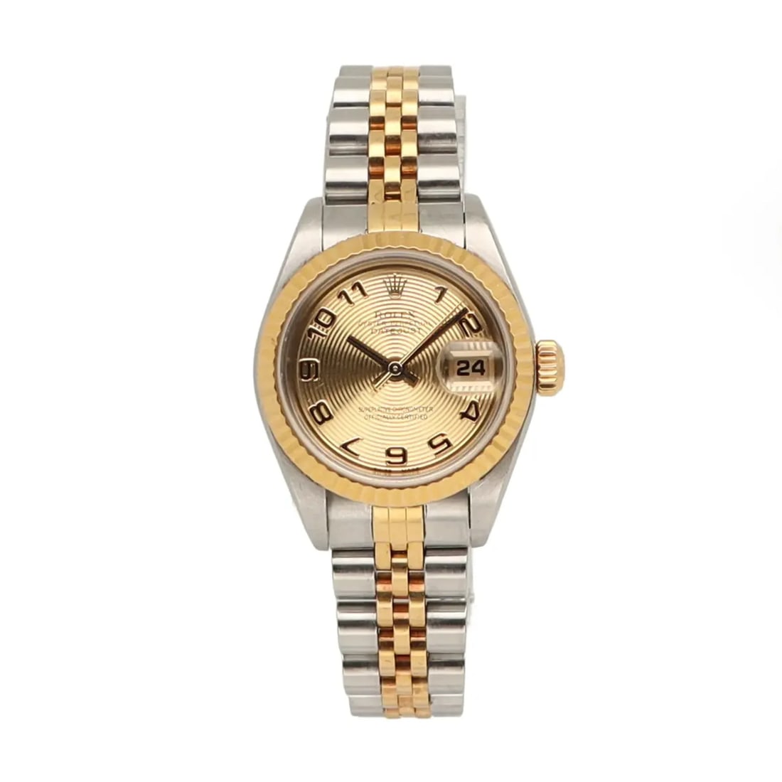 Rolex Datejust 69173 Womens 26mm Steel and 18K Gold Watch: Rolex Datejust 69173 Womens 26mm Steel and 18K Gold Watch Pre-owned Rolex Datejust 69173 women's wristwatch with a rare champagne concentric dial and classic two-tone design. This automatic watch feat