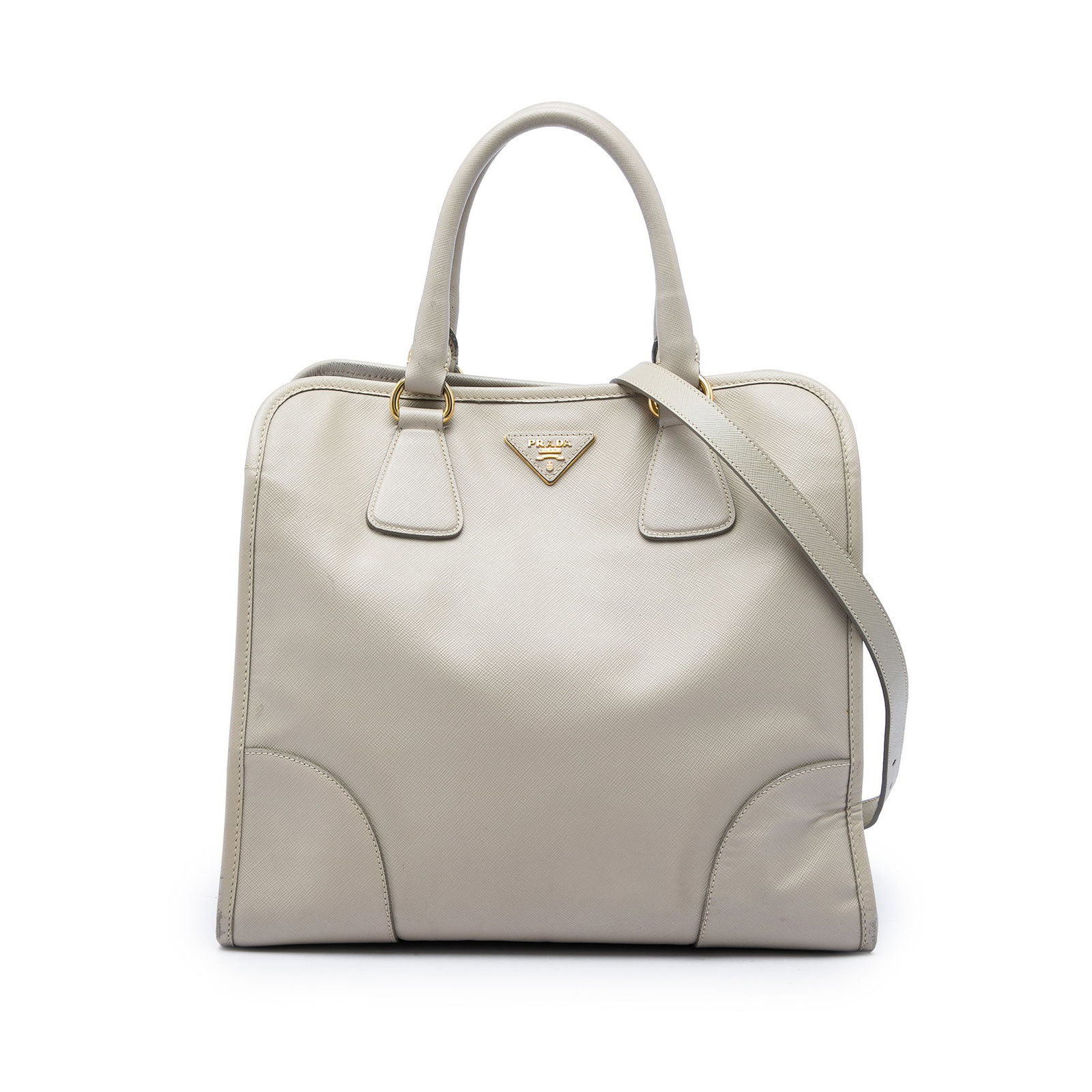 Prada Saffiano Lux gray leather satchel with shoulder strap: Prada Saffiano Lux gray leather satchel with shoulder strap Prada Saffiano Lux Shopping Tote in gray leather with leather trim, rolled leather handles, and a detachable adjustable shoulder strap. The 