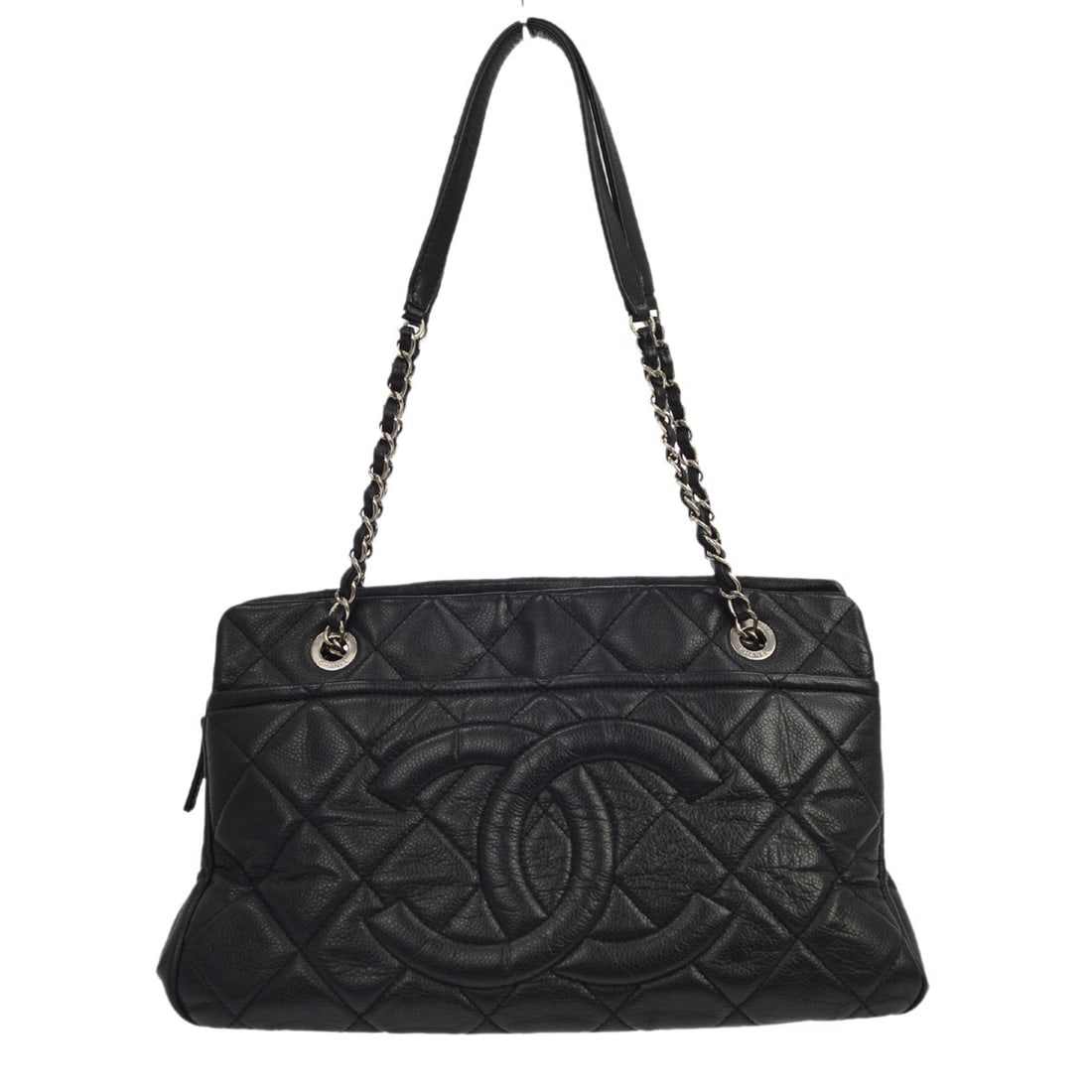 CHANEL Petite Shopping Tote Black Caviar Leather Chain Handbag: CHANEL Petite Shopping Tote Black Caviar Leather Chain Handbag Vintage Chanel Petite Shopping Tote chain handbag in black caviar skin leather with a quilted finish. This medium tote features a magneti