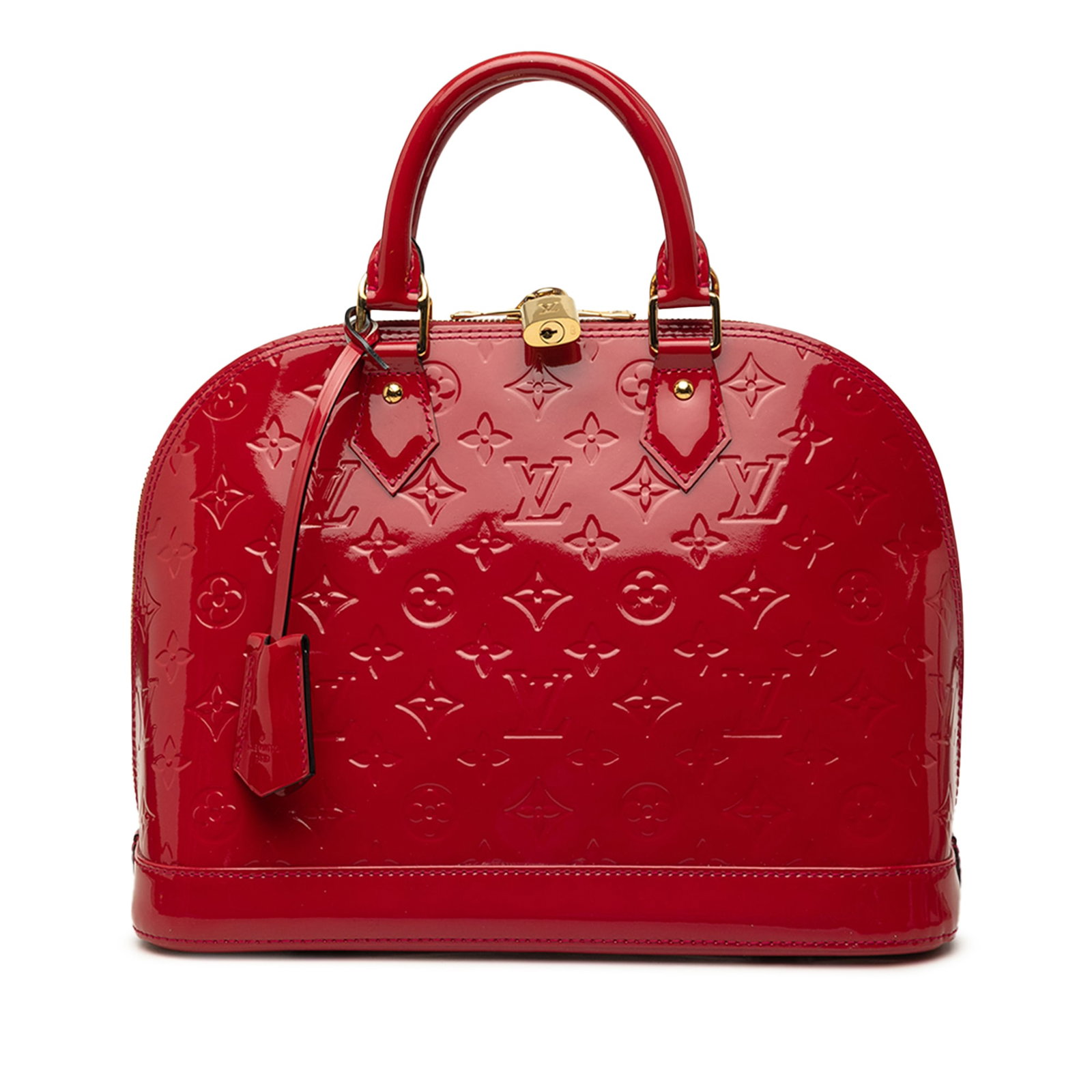 Louis Vuitton Alma PM Monogram Vernis Red Leather Handbag: Louis Vuitton Alma PM Monogram Vernis Red Leather Handbag A structured Louis Vuitton Alma PM handbag in red monogram vernis leather with rolled leather handles, a top zip closure, clochette, and inter