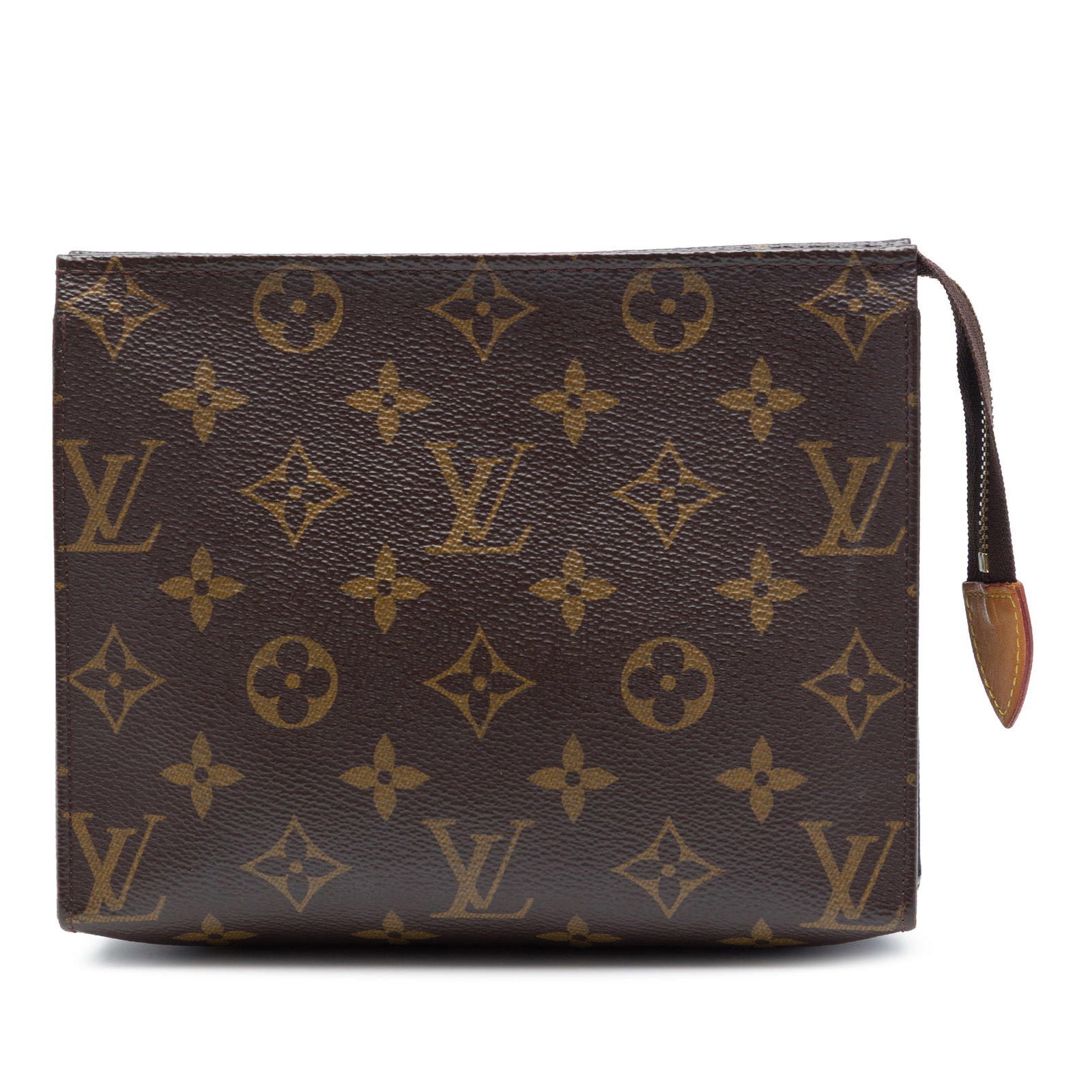 Louis Vuitton Monogram Canvas Toiletry Bag Pouch 19: Louis Vuitton Monogram Canvas Toiletry Bag Pouch 19 Louis Vuitton Monogram Toiletry Pouch 19 in brown monogram canvas with a top zip closure. Made in Spain. Condition is AB with wear to the exterior c