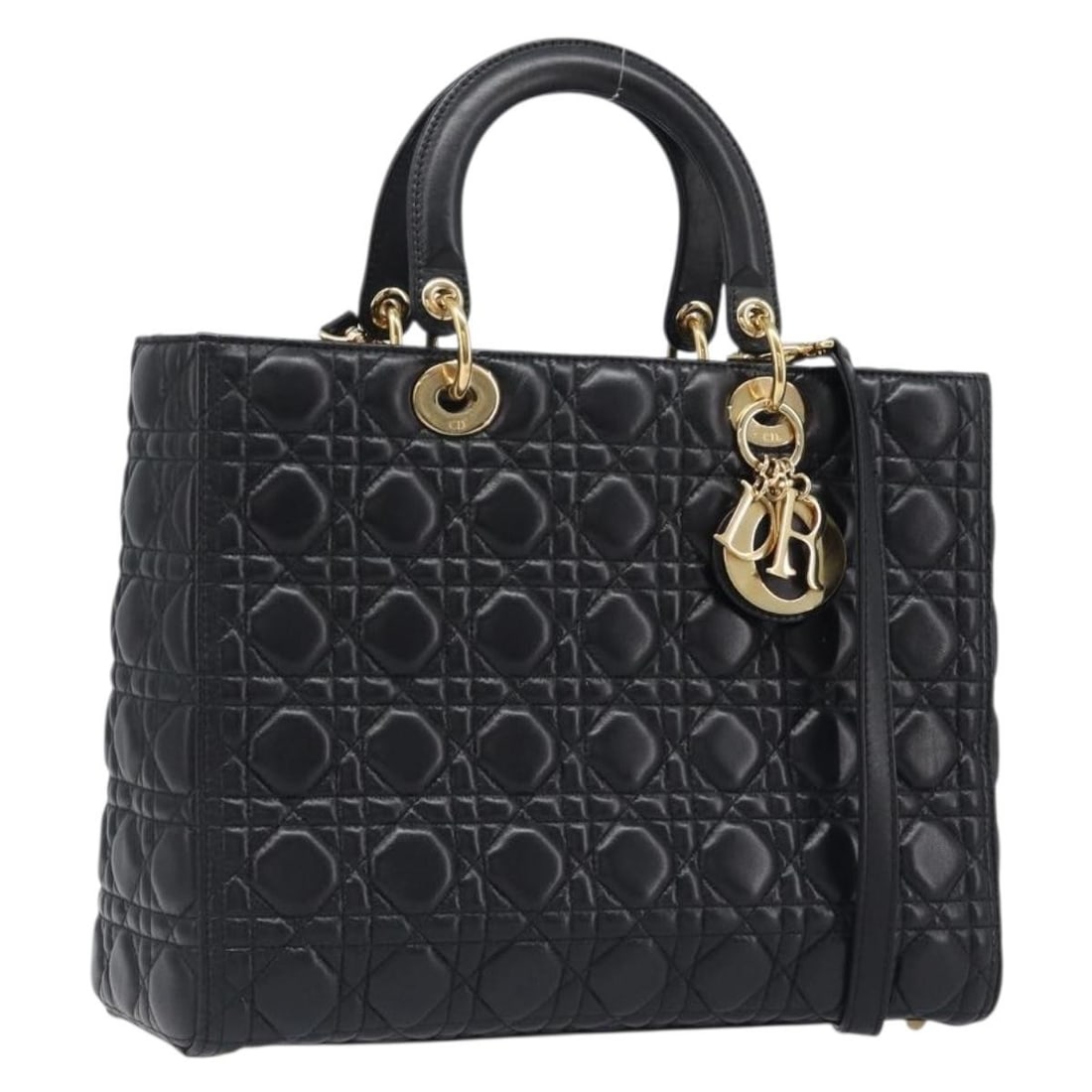 Christian Dior Lady Dior lambskin 2way handbag black with strap charm: Christian Dior Lady Dior lambskin 2way handbag black with strap charm Christian Dior Lady Dior Cannage handbag in black lambskin with gold-tone accents. This 2-way women's bag is made in Italy and inc