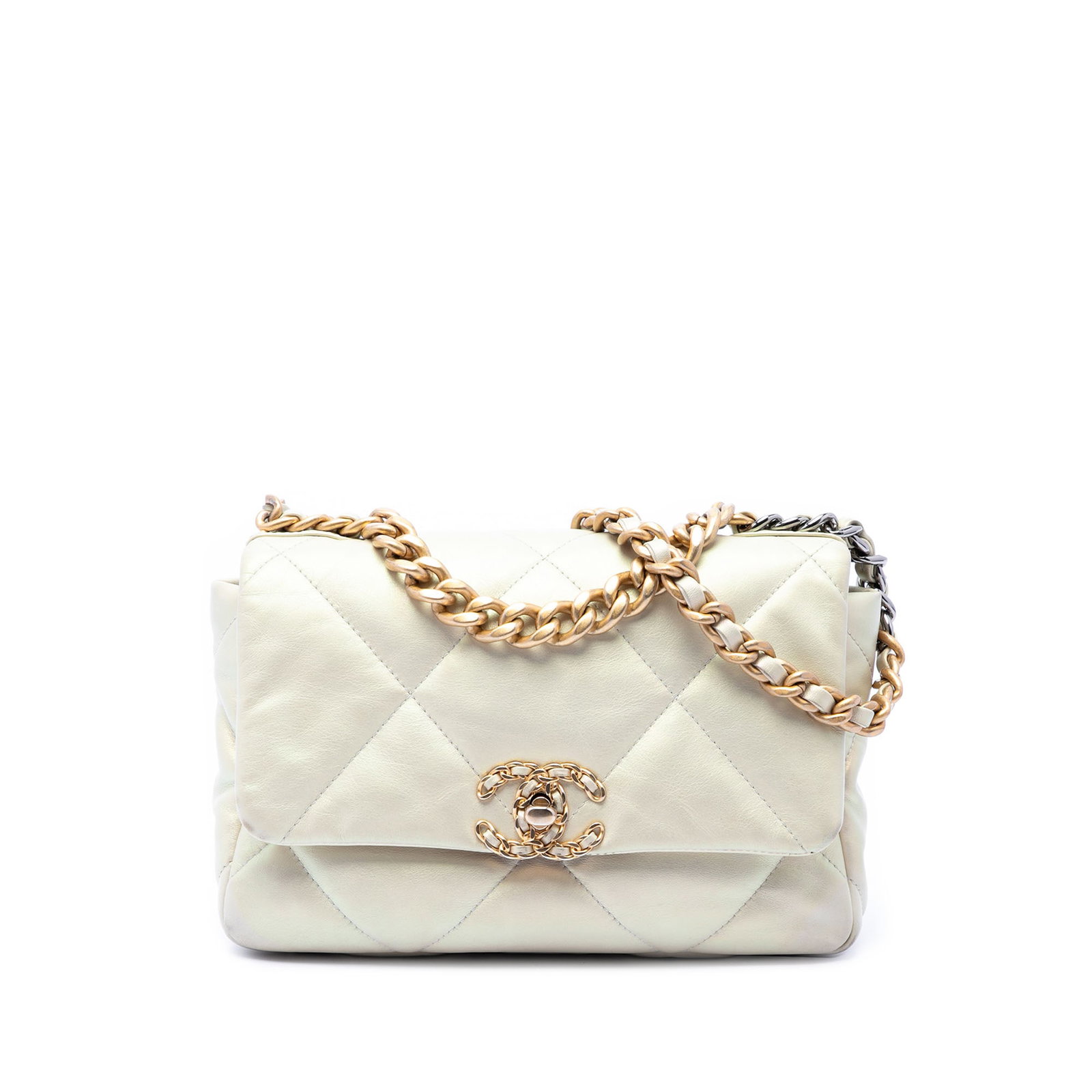 Chanel 19 Medium Flap Shoulder Bag Iridescent Lambskin White: Chanel 19 Medium Flap Shoulder Bag Iridescent Lambskin White Chanel Medium 19 Flap bag in white iridescent lambskin with a quilted leather body. This flap style features a chain handle, a leather-wove