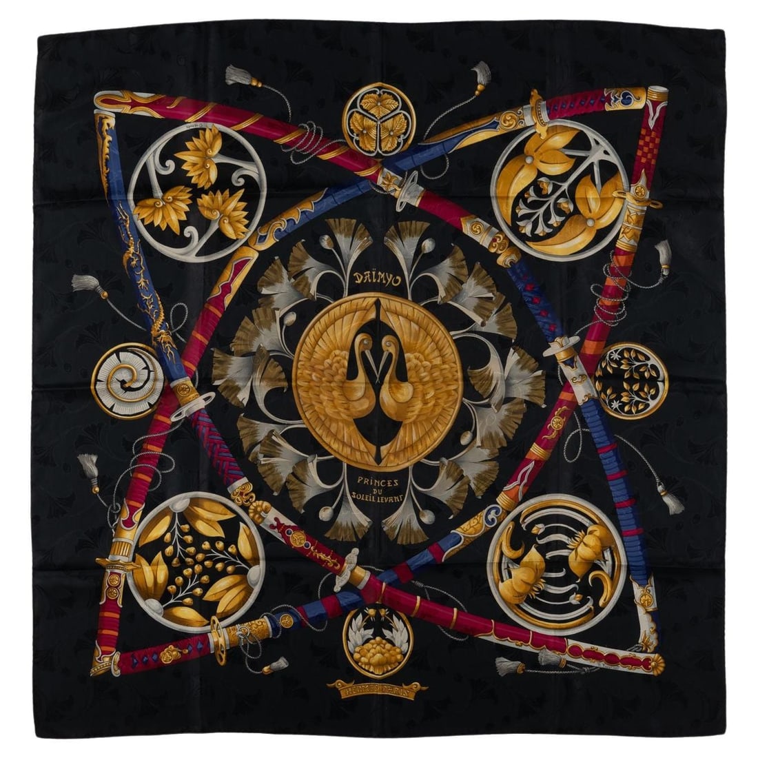 Hermes Daimyo Princes du Soleil Silk Scarf 35 in France: Hermes Daimyo Princes du Soleil Silk Scarf 35 in France Elevate your accessory collection with this exquisite Hermes Silk Daimyo Princes du Soleil Scarf. Crafted in France from 100% silk, this scarf s