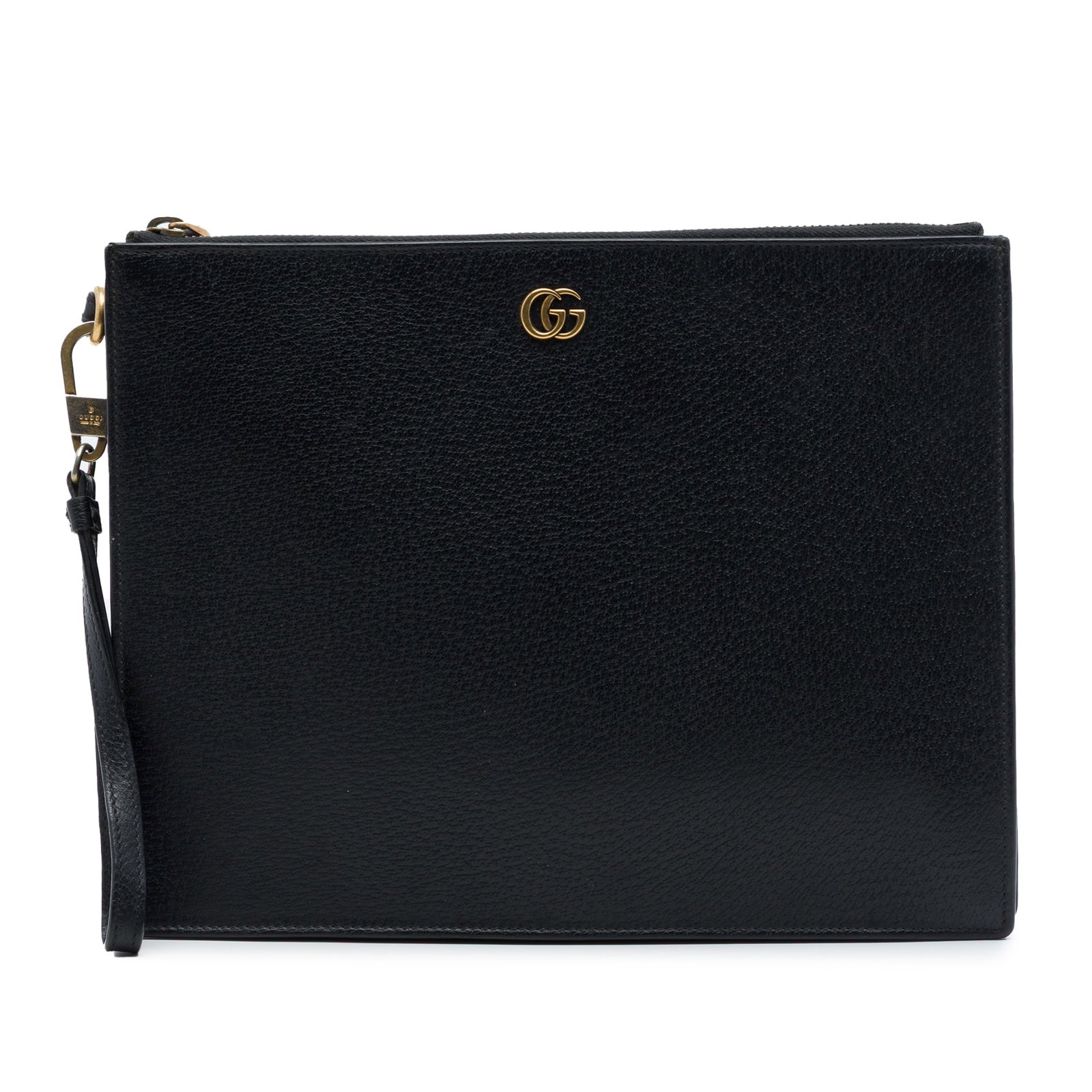 Black Leather Wristlet Clutch Gucci GG Marmont: Black Leather Wristlet Clutch Gucci GG Marmont Gucci GG Marmont calfskin clutch in black leather with a detachable flat leather wrist strap, top zip closure, and interior slip pockets. Made in Italy, 