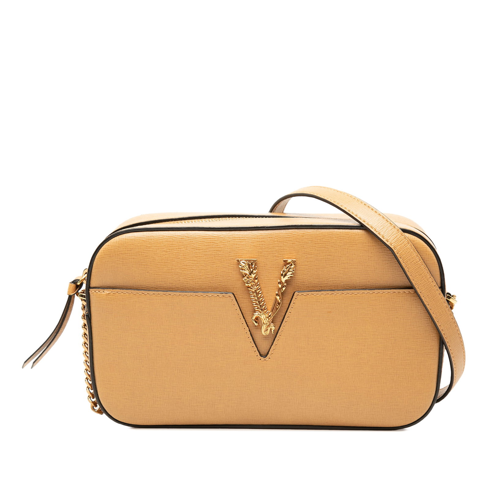 Versace Virtus V Small Calfskin Crossbody Camera Bag: Versace Virtus V Small Calfskin Crossbody Camera Bag Versace Small Calfskin Virtus V Camera Bag in brown leather with a compact crossbody design. It features an adjustable flat leather strap, top zip 
