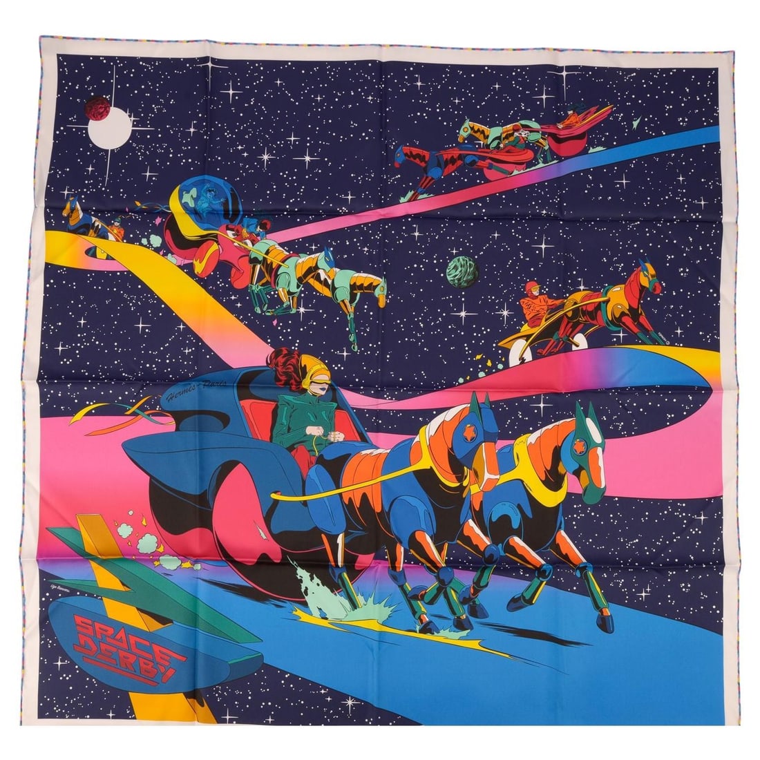 Hermes Space Derby 90 Silk Scarf: Hermes Space Derby 90 Silk Scarf This Hermes "Space Derby" scarf is crafted from 100% silk and features hand-rolled edges. Designed by Ugo Bienvenu, this elegant accessory comes in its original box an