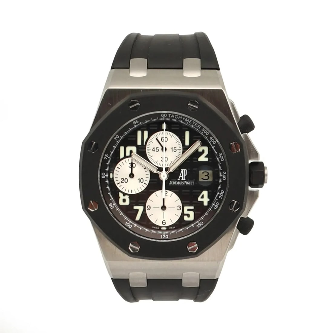 Audemars Piguet Royal Oak Offshore 44mm steel watch black dial ref 25940SK.OO.D002CA.01.A: Audemars Piguet Royal Oak Offshore 44mm steel watch black dial ref 25940SK.OO.D002CA.01.A Pre-owned Audemars Piguet Royal Oak Offshore men's wristwatch with a black Tapisserie dial and black rubber tw