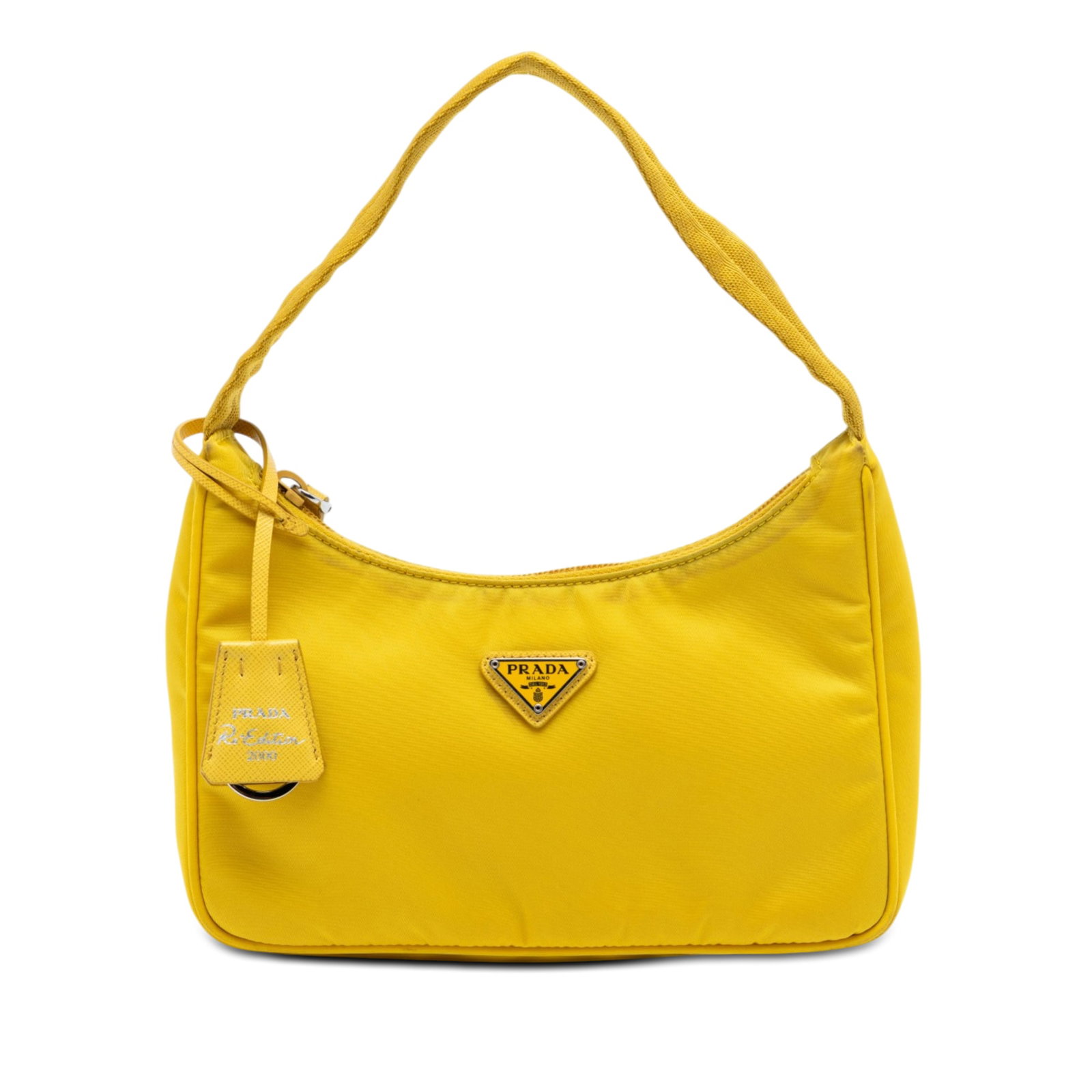 Prada Re Edition 2000 Mini Tessuto Nylon Shoulder Bag Yellow: Prada Re Edition 2000 Mini Tessuto Nylon Shoulder Bag Yellow Prada Mini Tessuto Re Edition 2000 shoulder bag in yellow fabric with a compact silhouette, flat shoulder strap, and top zip closure. Made 