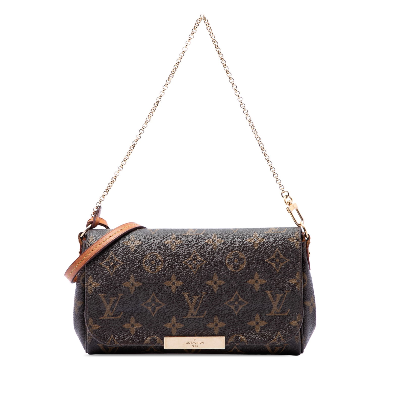 Louis Vuitton Favorite MM Monogram Canvas Shoulder Bag: Louis Vuitton Favorite MM Monogram Canvas Shoulder Bag Louis Vuitton Favorite MM shoulder bag in Monogram canvas with a gold-tone chain strap and a detachable leather strap. The design features a fron
