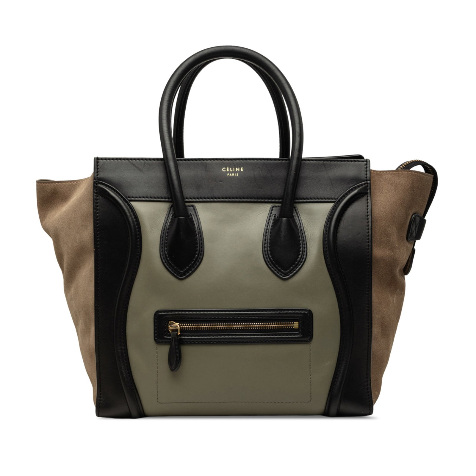 Celine Mini Luggage Tote Brown Calfskin Suede Tricolor Bag: Celine Mini Luggage Tote Brown Calfskin Suede Tricolor Bag Celine Mini Tricolor Luggage Tote crafted with a leather body and suede side panels. This structured handbag features rolled leather handles,
