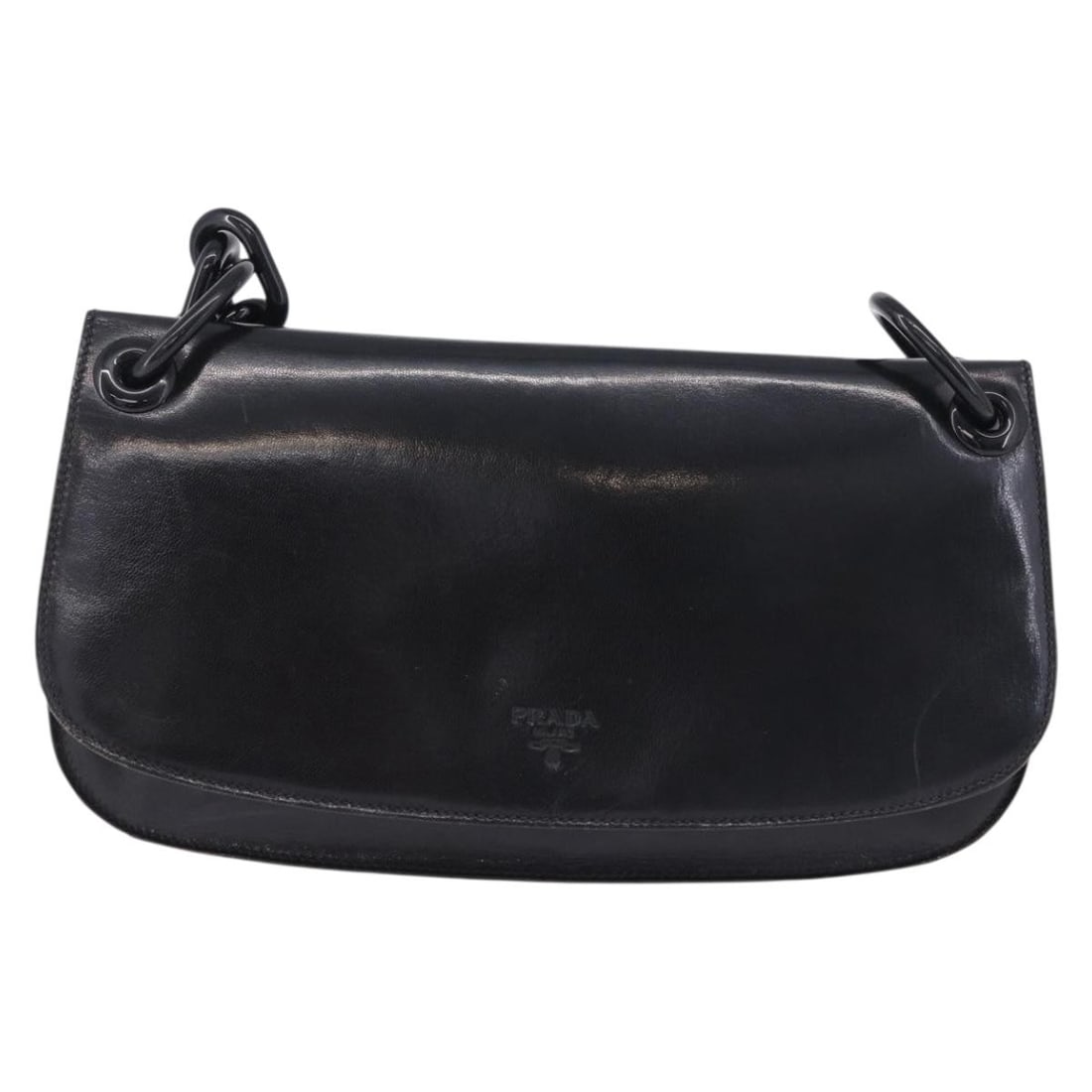 Prada Chain Shoulder Bag Black Leather Italy: Prada Chain Shoulder Bag Black Leather Italy Prada Chain Shoulder bag in black leather with a good overall condition. The exterior shows light wear, light scratching, shape loss, and light marks. The 