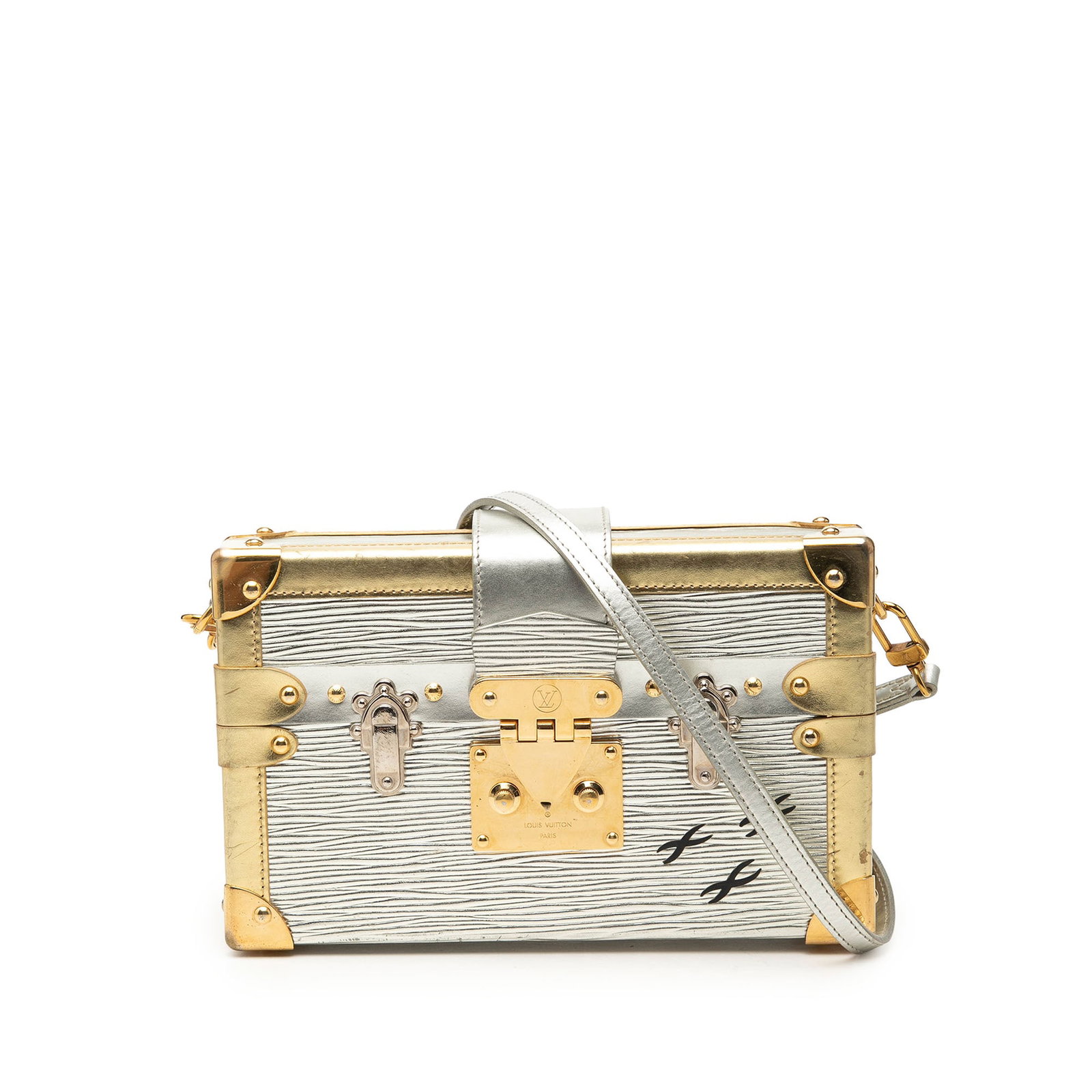 Louis Vuitton Petite Malle silver Epi leather shoulder bag: Louis Vuitton Petite Malle silver Epi leather shoulder bag Louis Vuitton Epi Petite Malle bag crafted in silver leather with leather trim. It features a detachable flat leather strap, a front magnetic